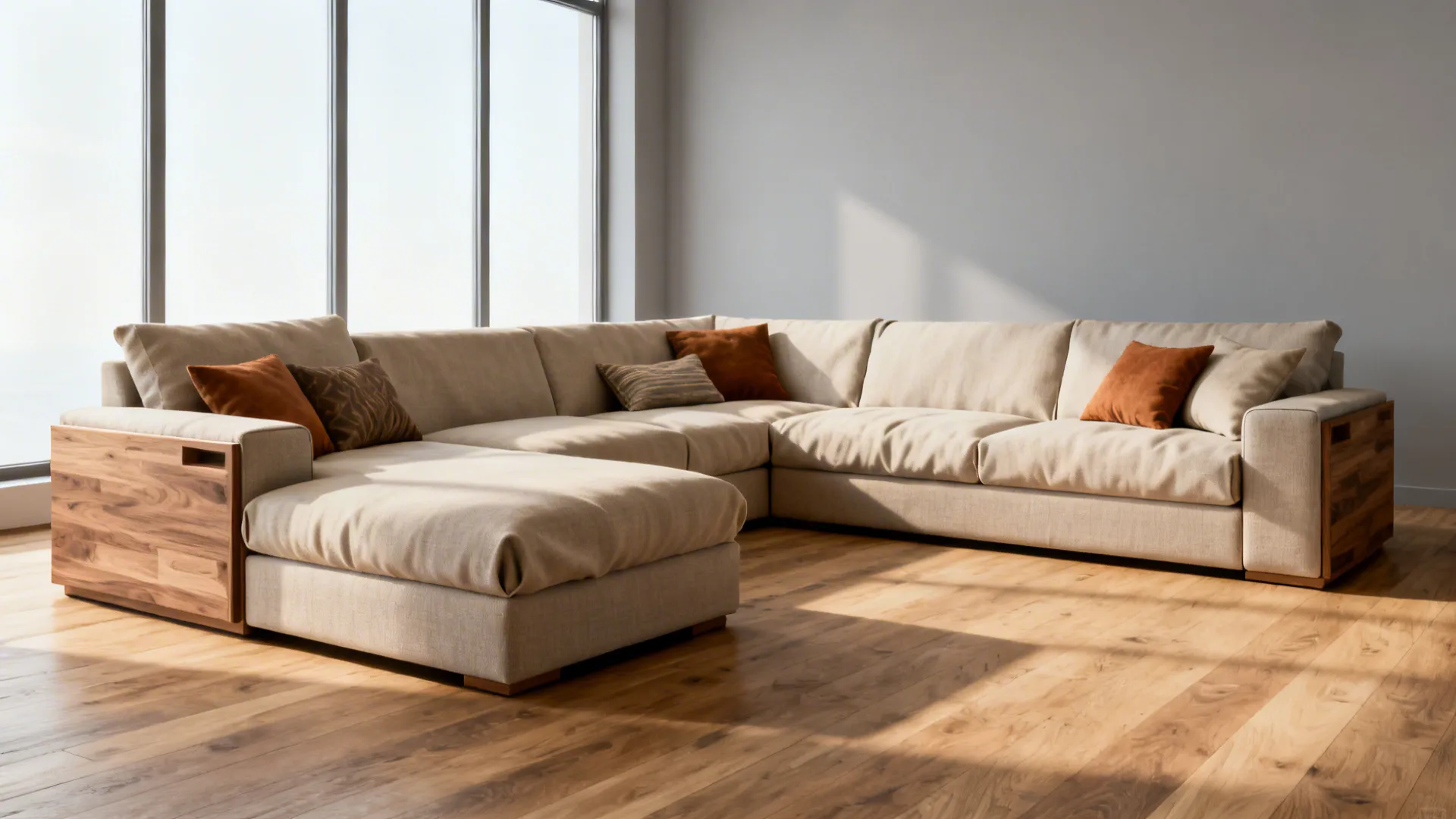 Neutral modular sofa reconfigured in an L-shape showcasing removable covers and joinery details.