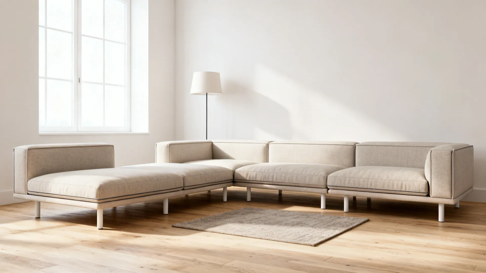Modular slim-profile sofa reconfigured in a studio apartment to show flexible layouts.