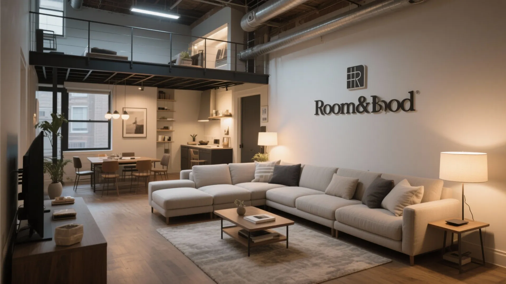 Compact living room with modular reconfigurable sofa in neutral tones