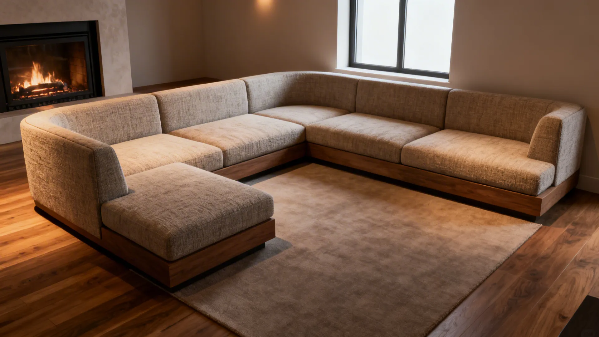 Low-back modular sectional wrapping around a corner fireplace to follow room flow