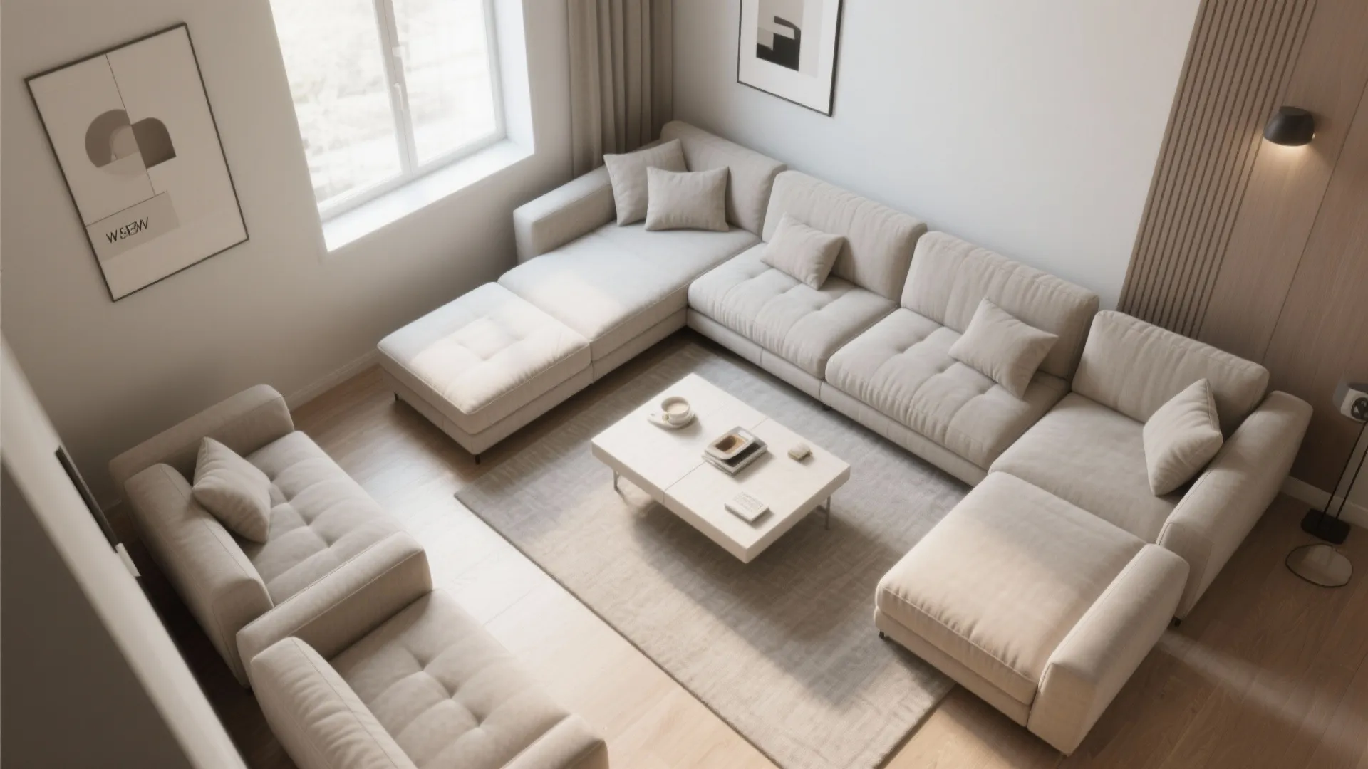 Top-down view of modular corner sofa configurations showing chaise, sofa, and loveseats in a narrow room.