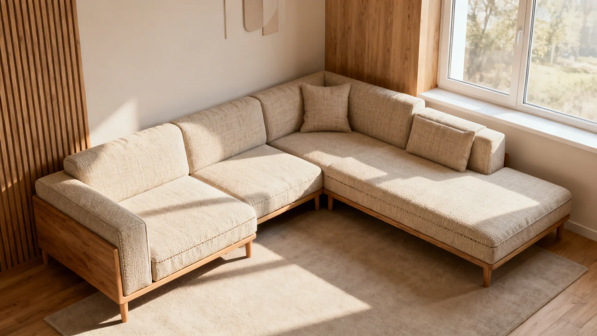 Modular sofa arranged in flexible layouts with replaceable fabric covers in a small living room.