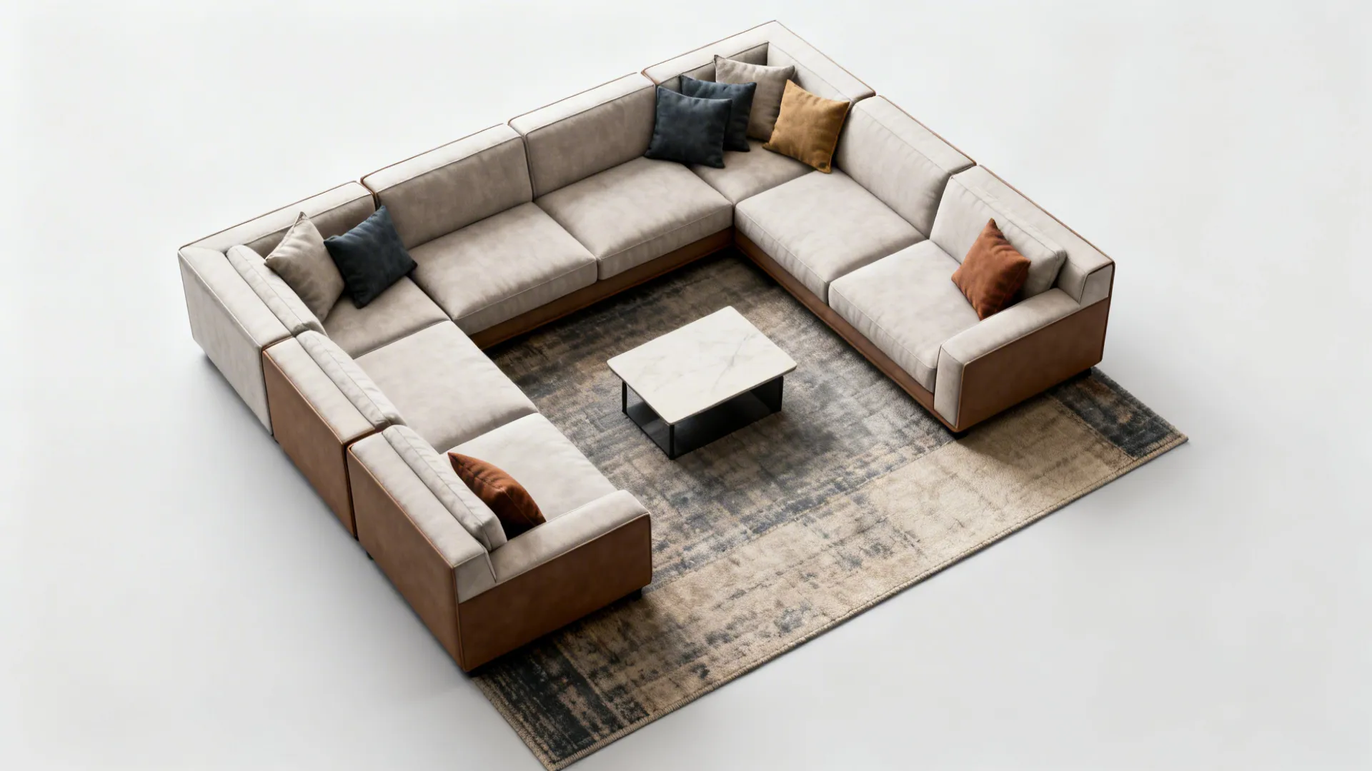 Top-down layout of a modular two-piece sofa in different configurations