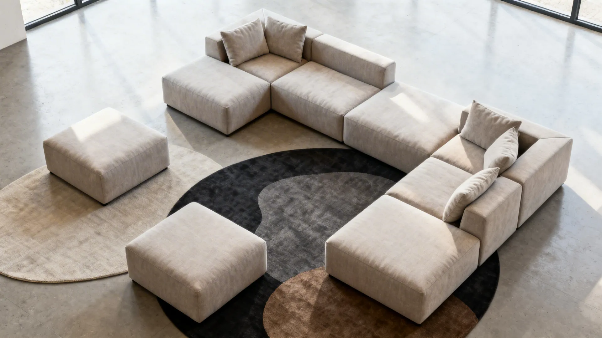Large modular beige sofa on patterned round rug in spacious room with light grey floor