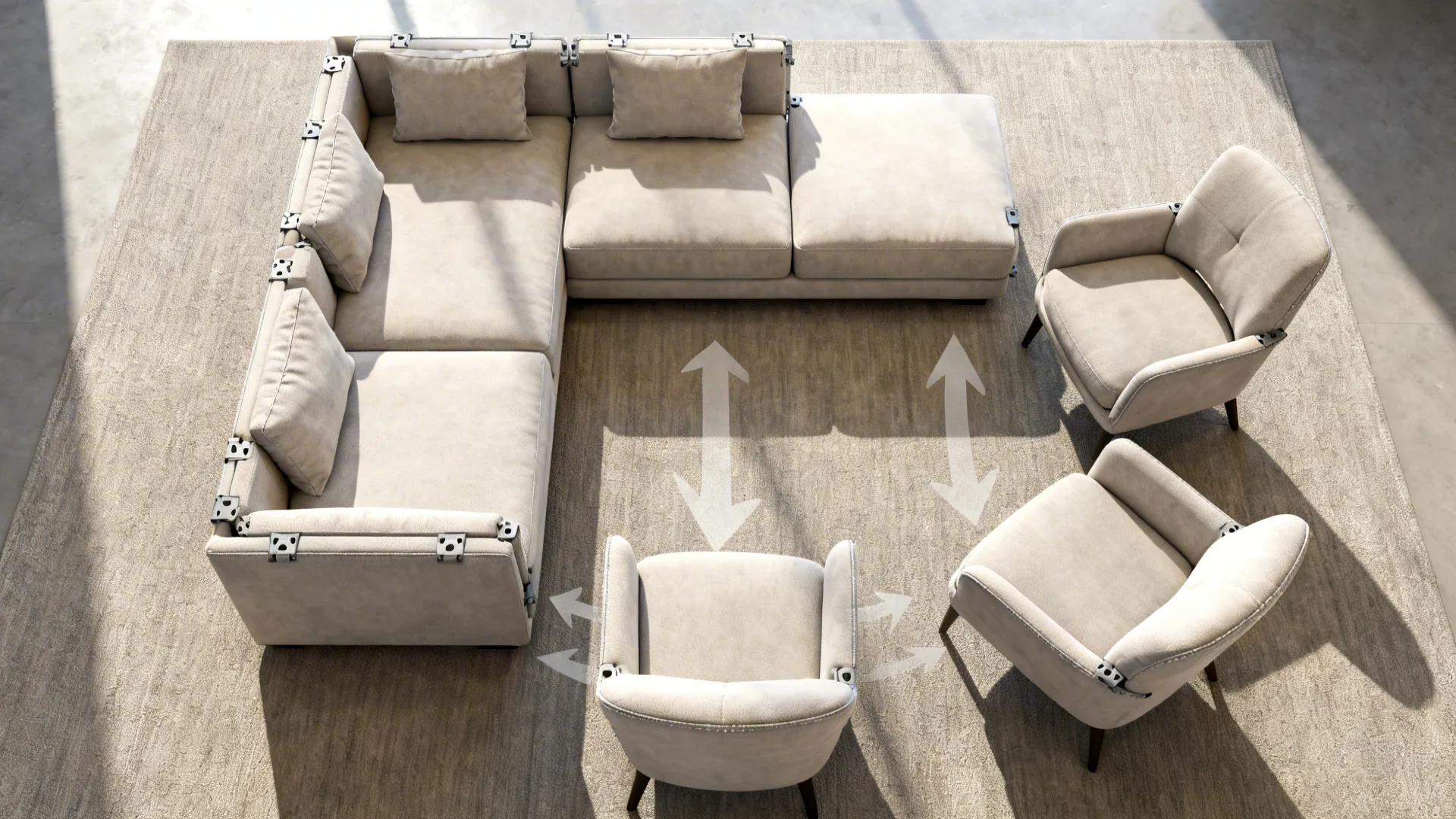 Top-down view of a modular sofa in multiple reconfigurations showing chaise and separated chairs.