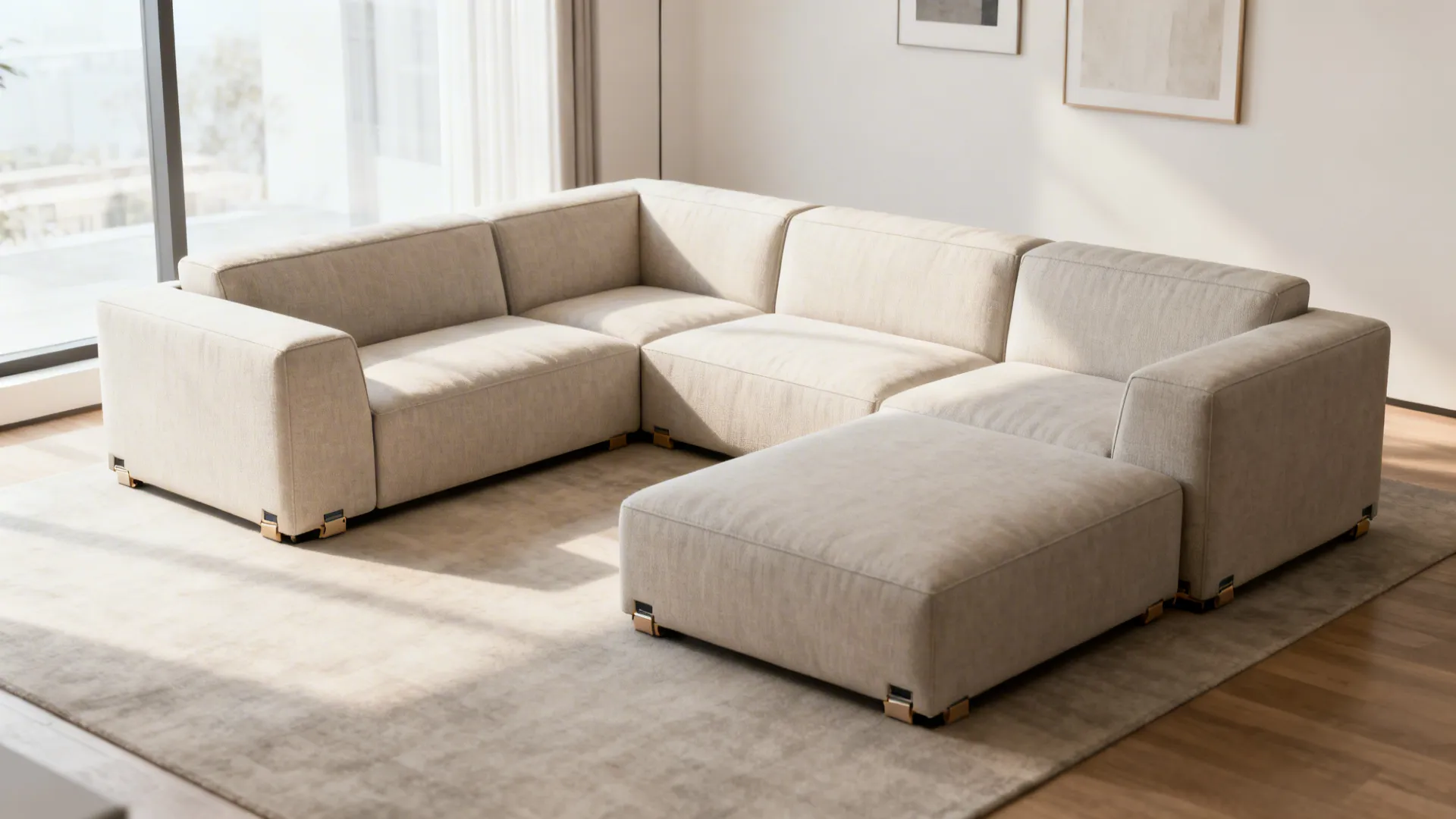 Small living room with a matching modular sofa and loveseat arranged in an adaptable L-shape.