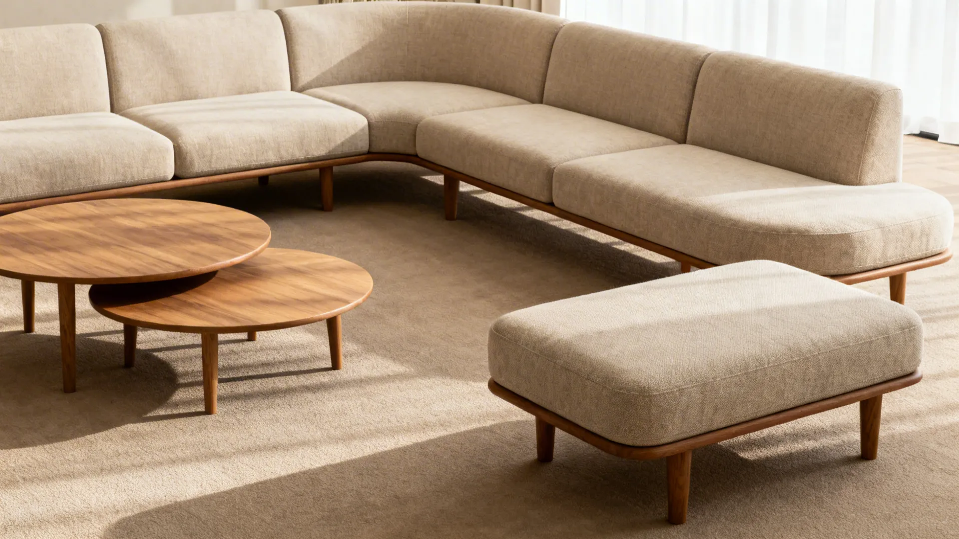 Modular sofa with nesting round coffee tables showing flexible seating and clear pathway.