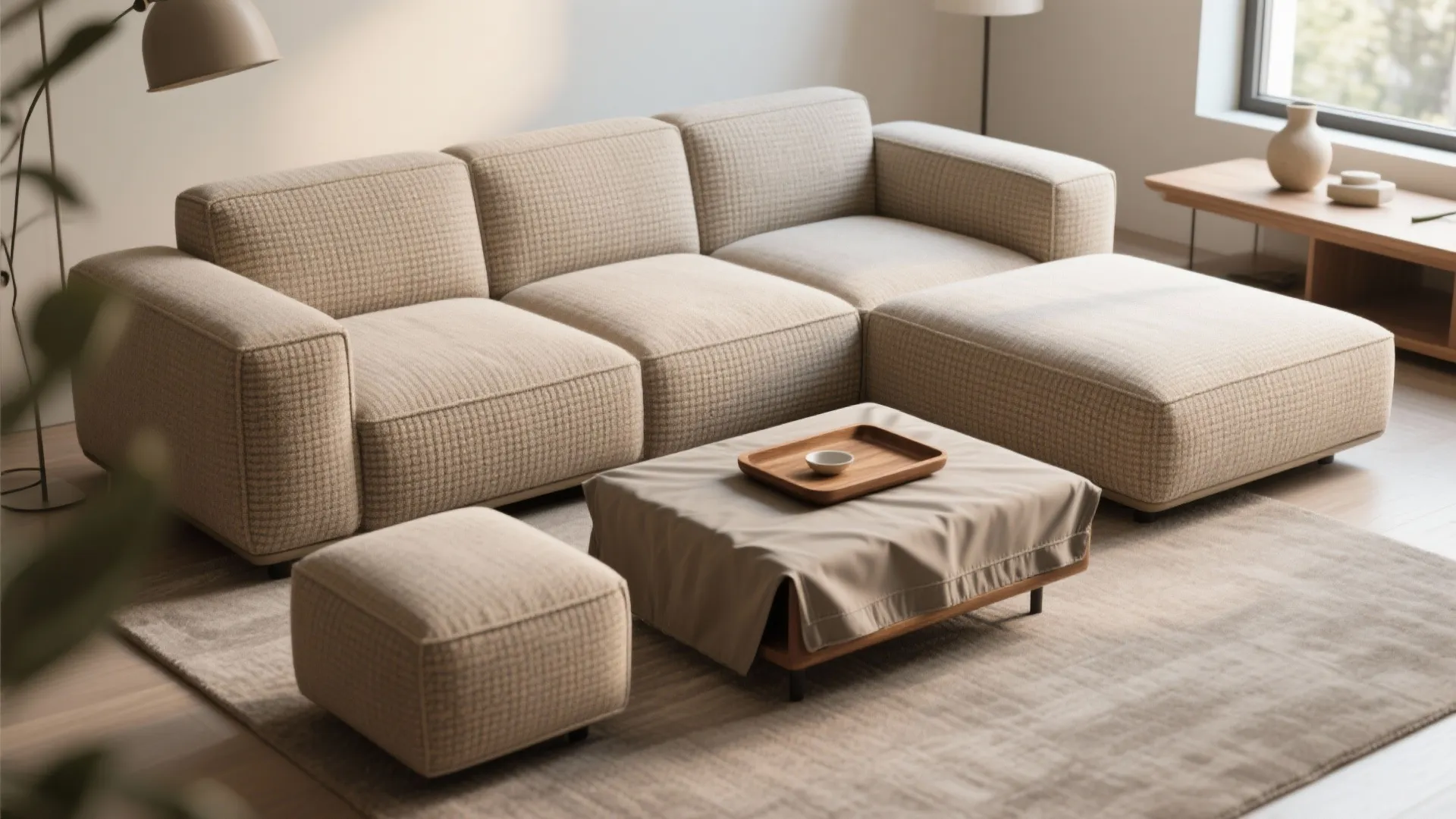 Close-up of a modular sofa with two ottomans used as seating and a tray coffee surface