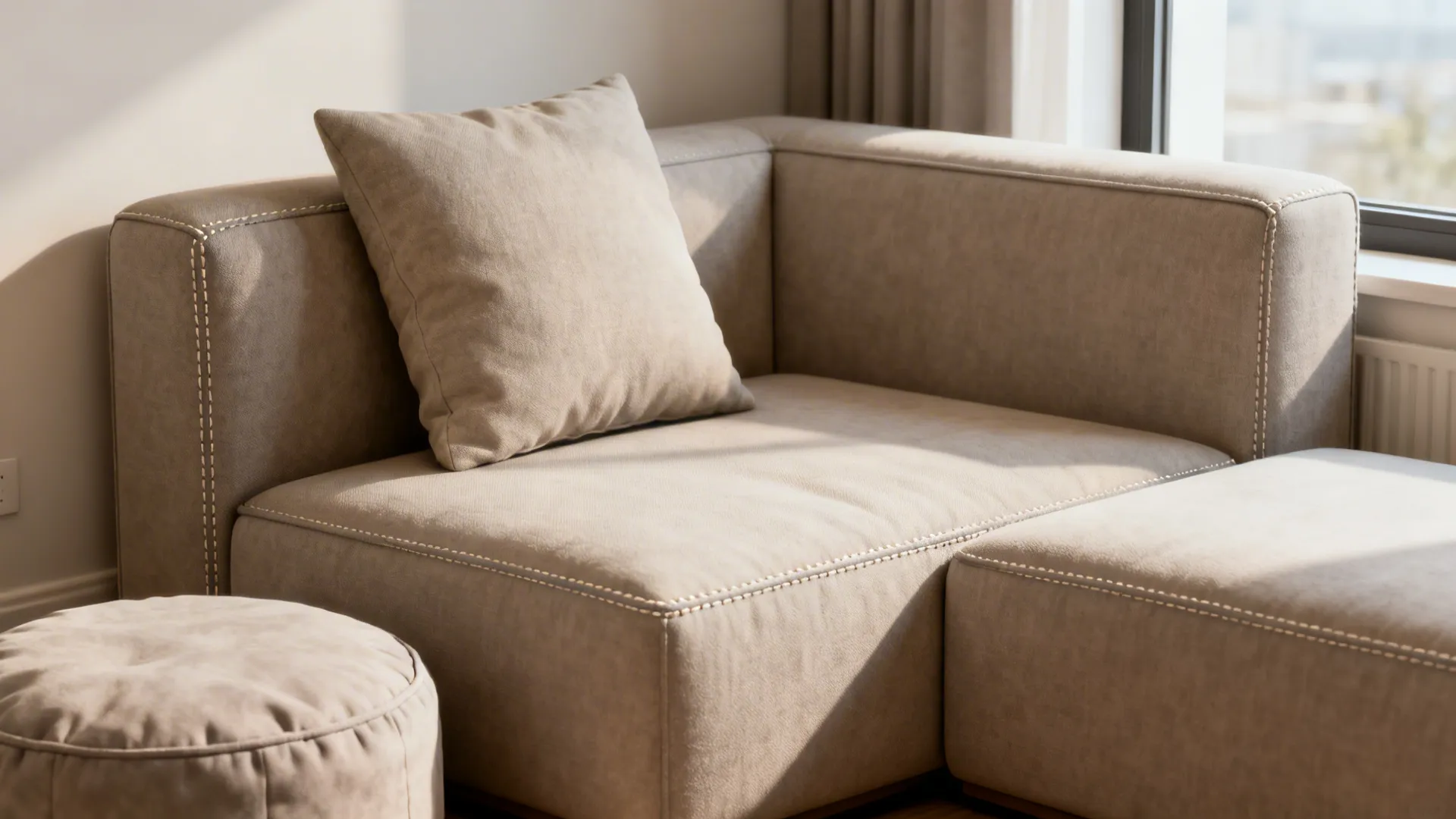 Compact modular sofa with removable pouf and lumbar pillow in soft daylight