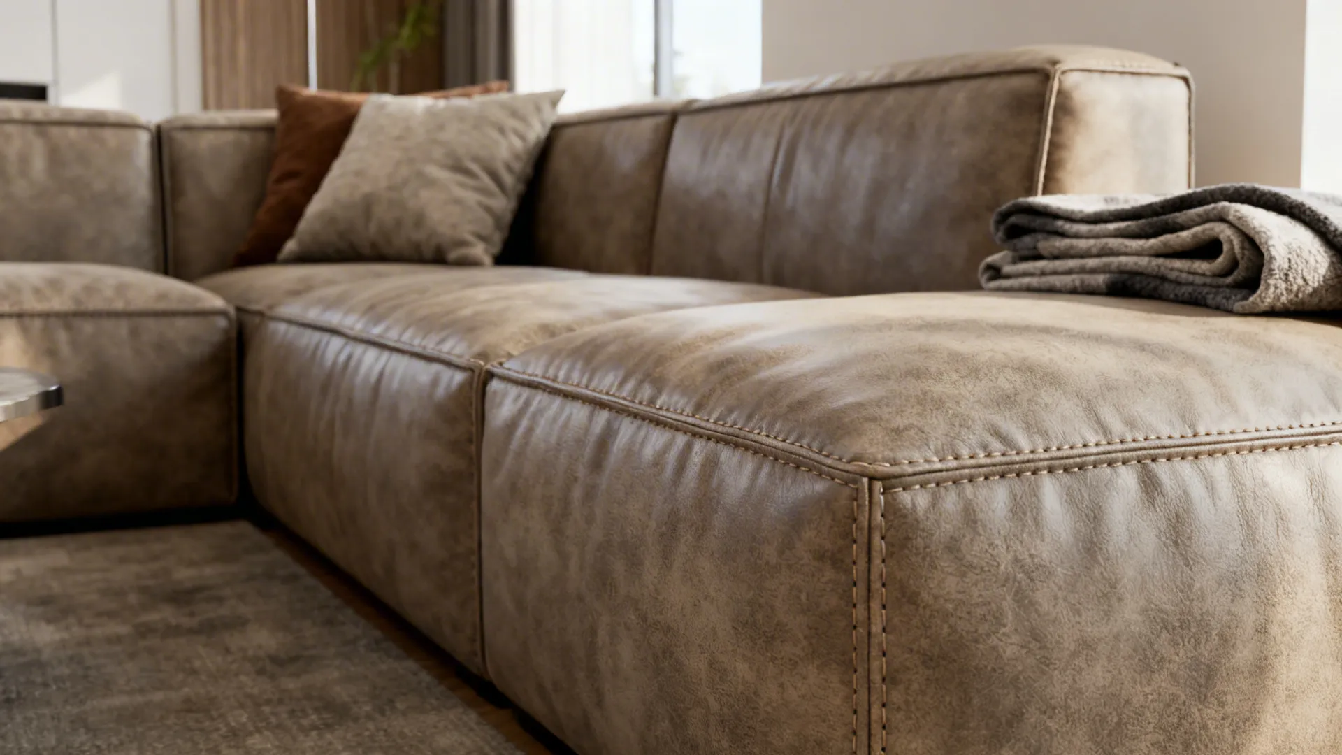 Modular narrow-depth sofa with removable chaise in a small living room, showing fabric texture and modular join.