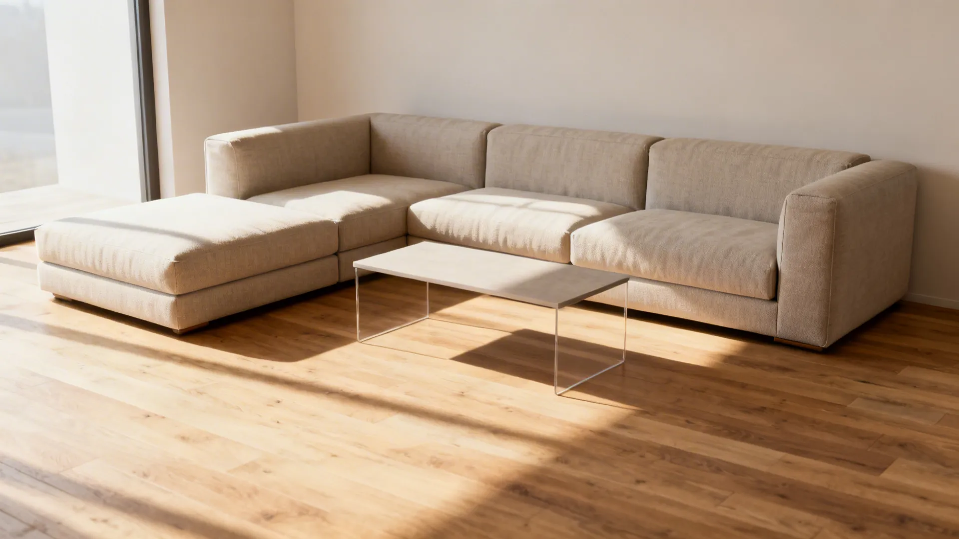 Small living room with modular sofa and slim rectangular coffee table maintaining open flow.