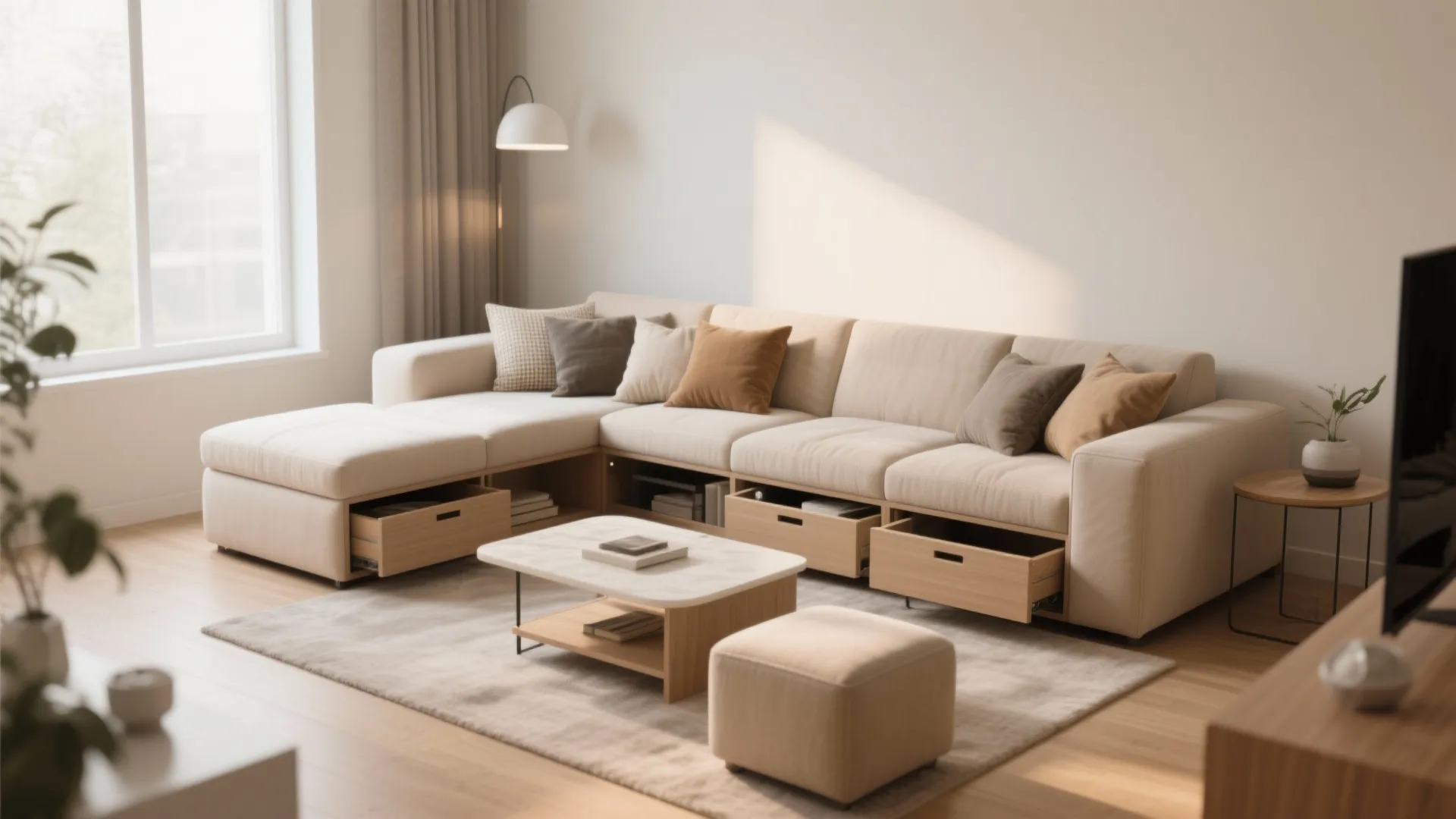 Modern cream sofa with built-in wooden storage drawers coffee table and footrest in bright room