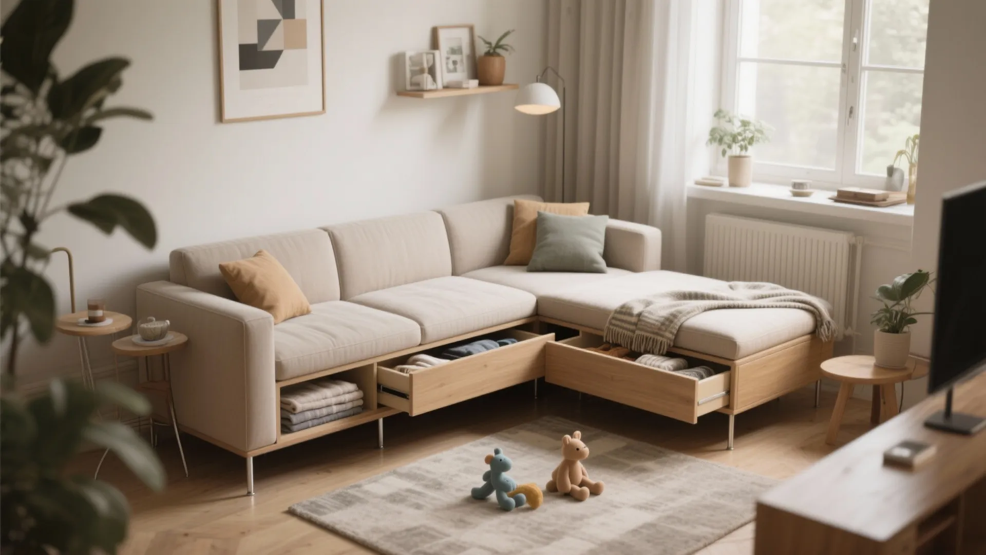 1. Slim modular sofa with integrated storage