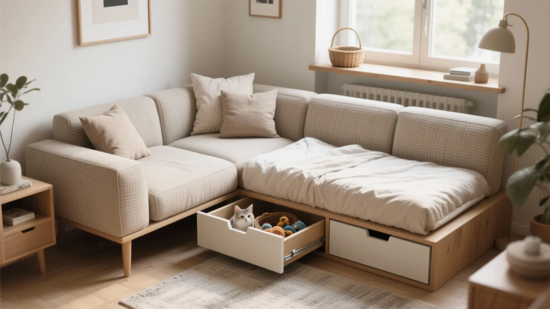 Modern beige sofa with built in storage drawers containing a cat and small soft toys