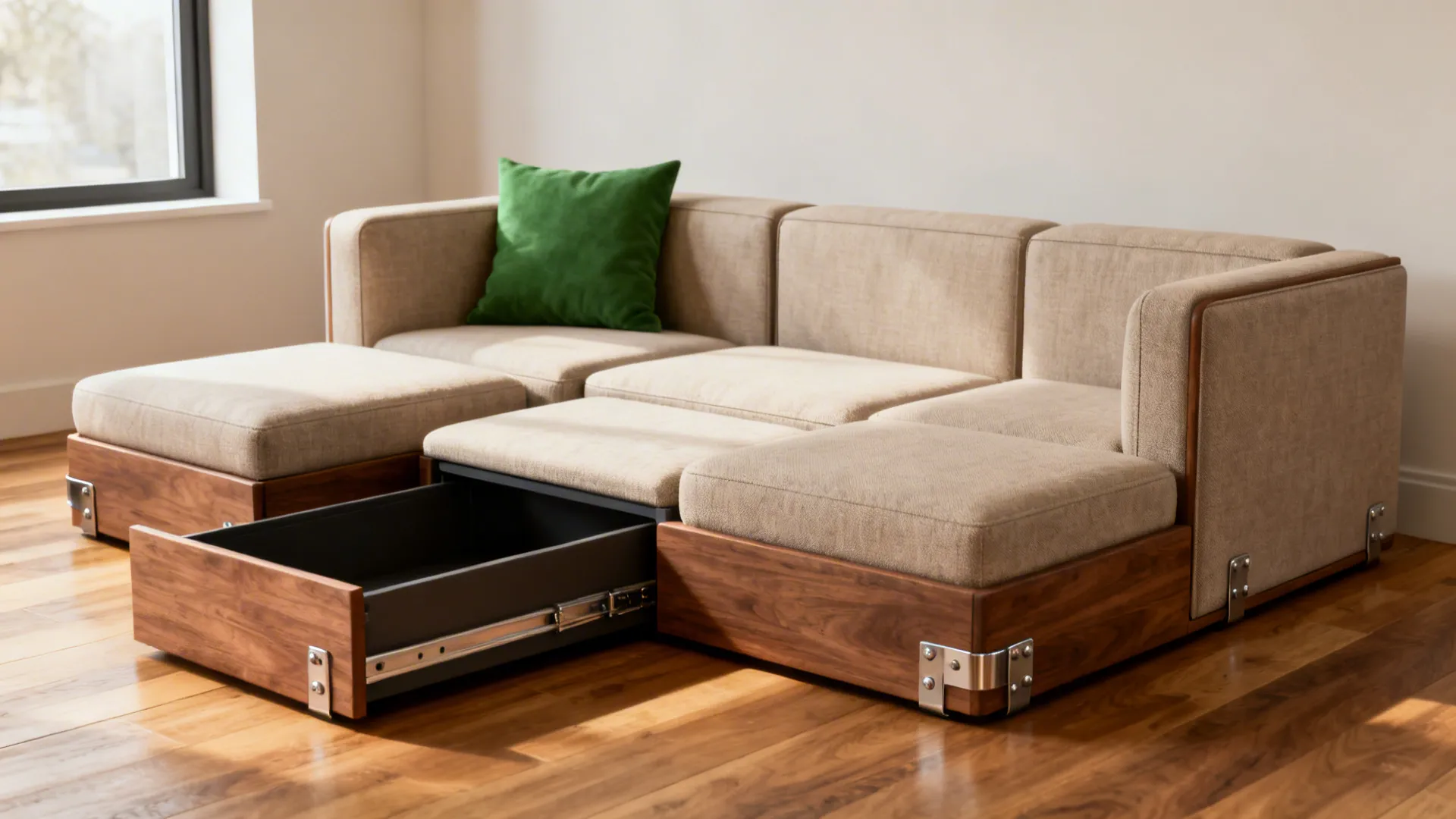 Small living room with modular sofa and open chaise storage, reconfigured seating.