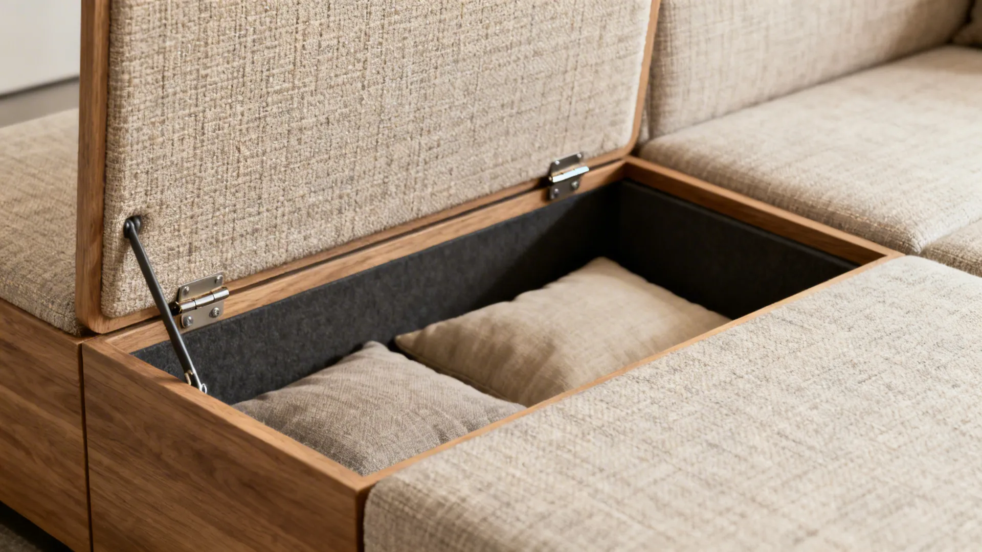 Close-up of a modular sofa with hidden storage compartment and neutral fabric texture.