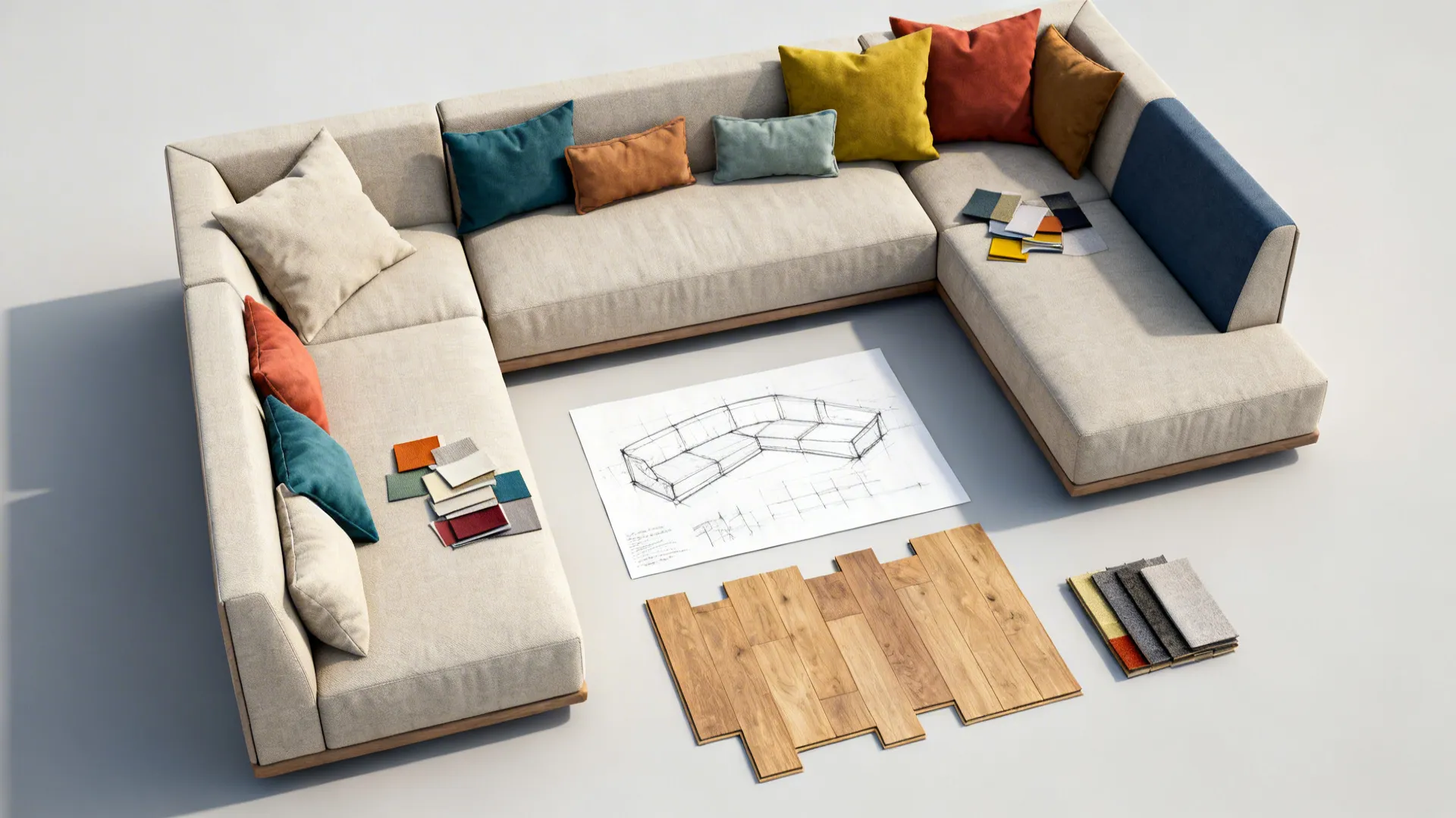 Flatlay of modular sofa modules and neutral fabric swatches alongside colorful cushion samples and a low-back module sketch.