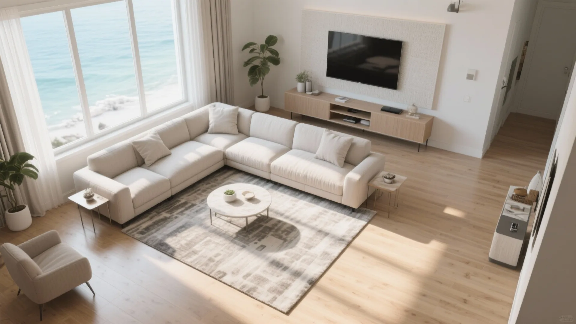 Layout Backbone: L-Shaped Modular Sofa and Rug Zoning