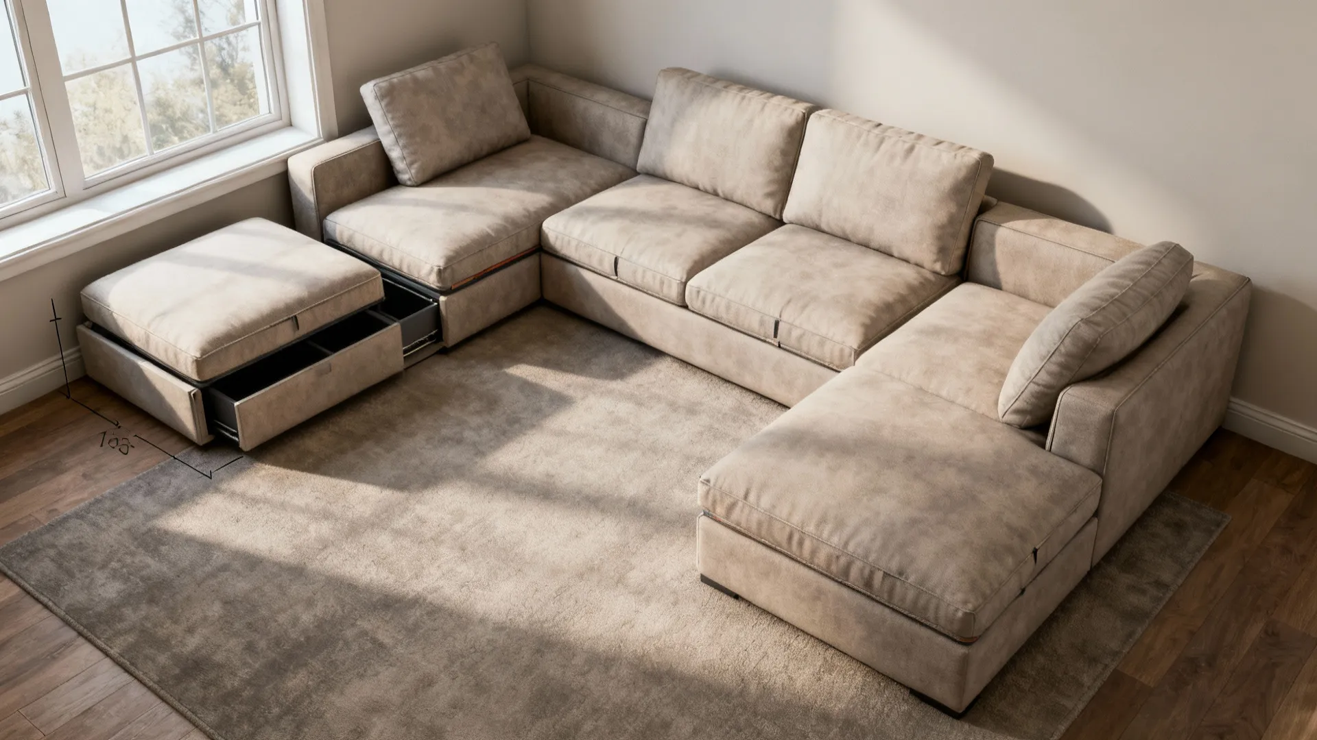 Top-down view of modular sofa pieces configured as L-shape and tucked ottoman in a small room.
