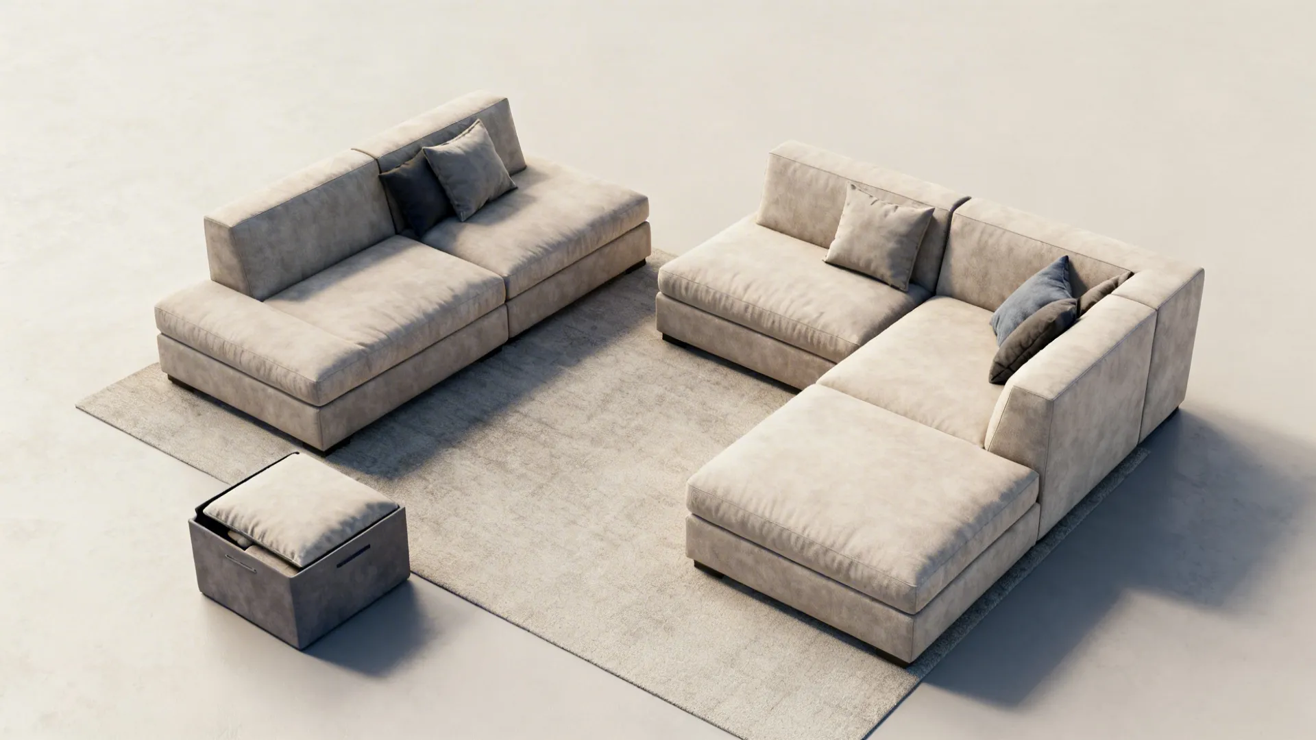 Top-down view of a small room showing modular sofa pieces in different configurations with a storage ottoman