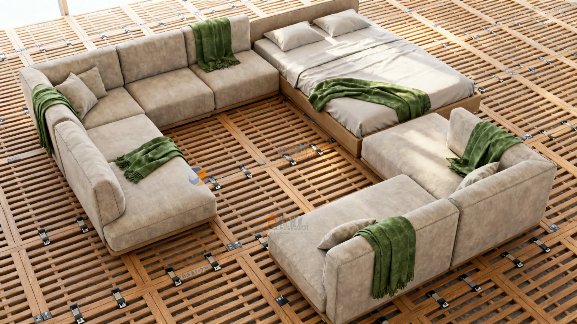 Top-down view of modular sofa bed pieces in multiple configurations in a studio.