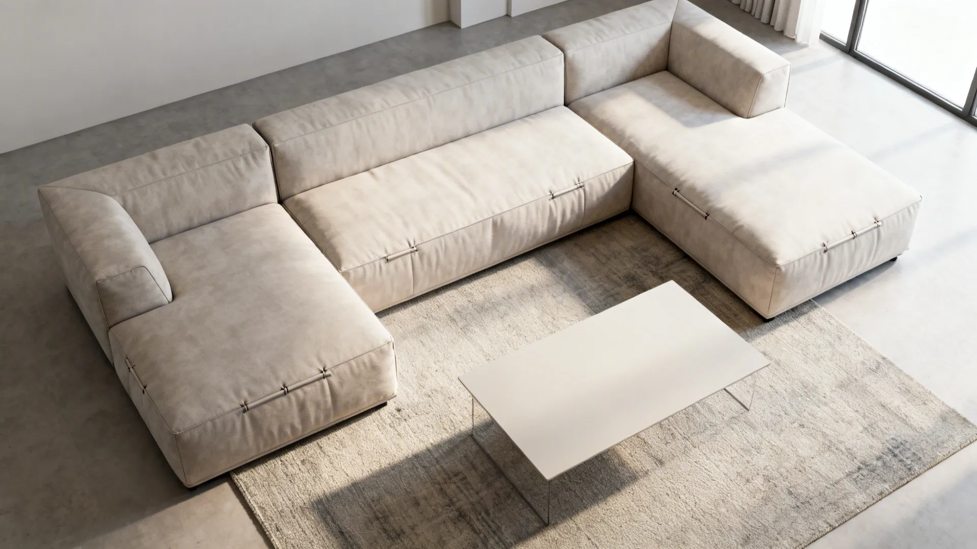 Top-down view of a reconfigurable modular sofa laid out as sofa and loveseat with a chaise conversion.