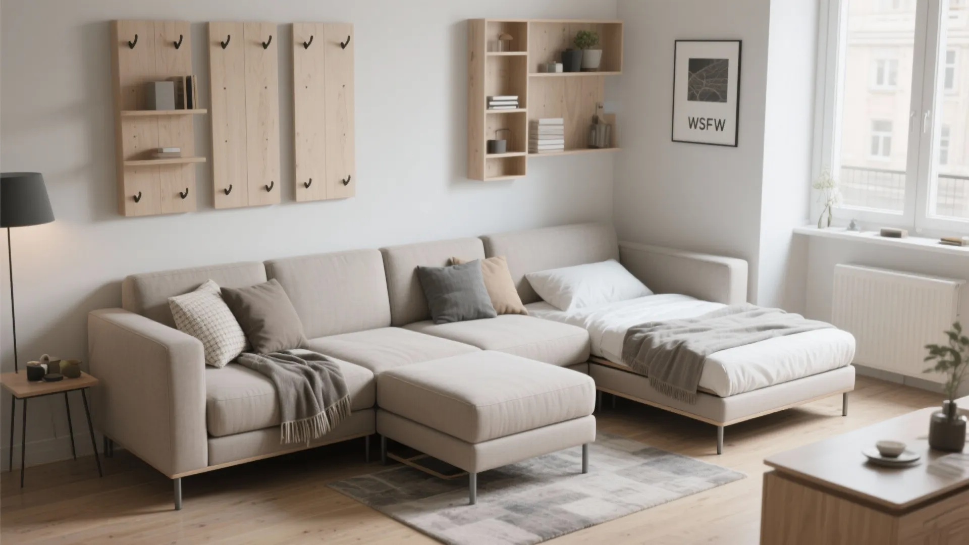 Modern cream modular sofa bed with wooden wall shelves and grey pillows in bright living room