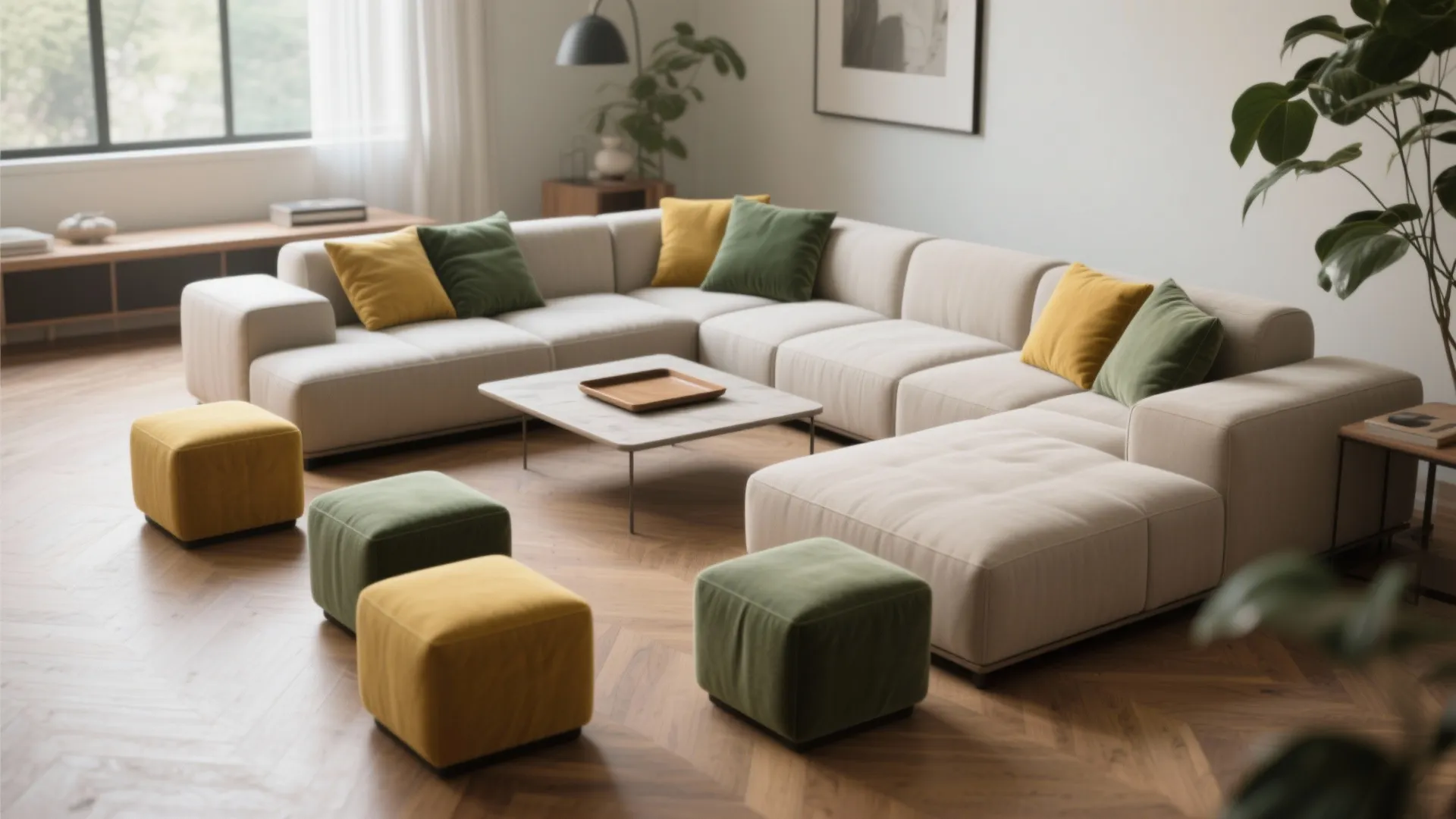 2. Modular sofas + movable ottomans