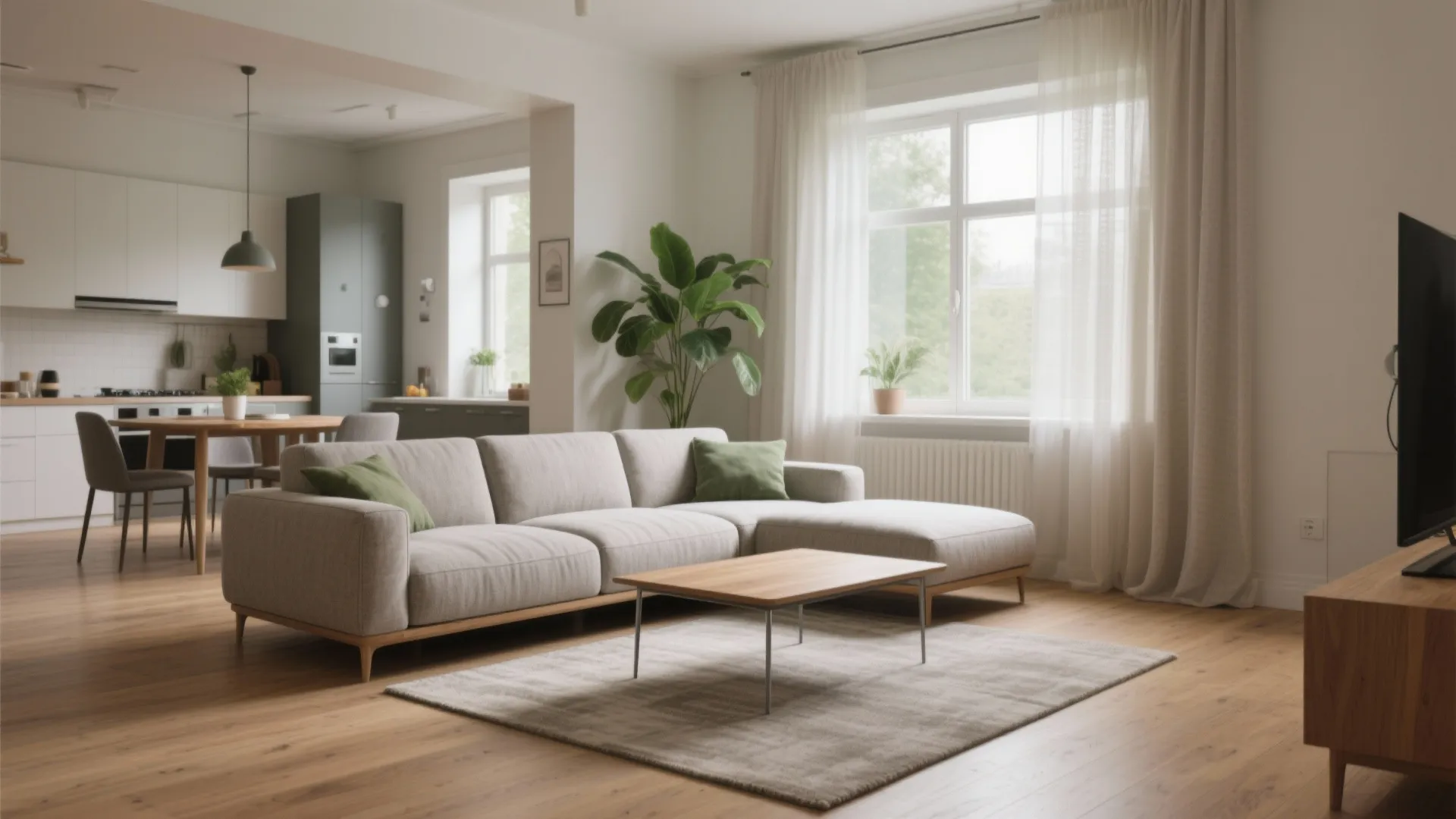 Modern living room with grey sofa wooden coffee table rug green plant and large window