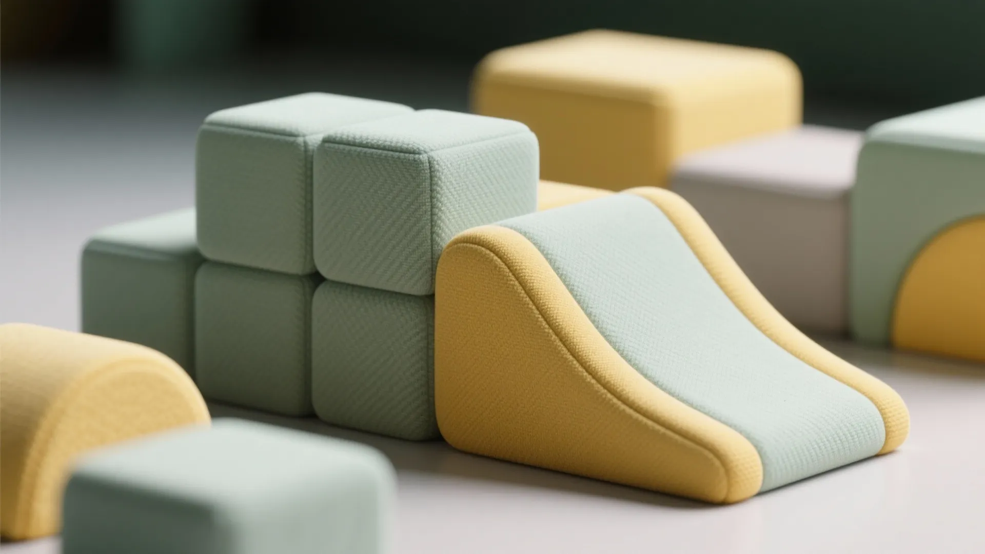 Close-up of neutral modular foam play pieces with removable covers and rounded edges.