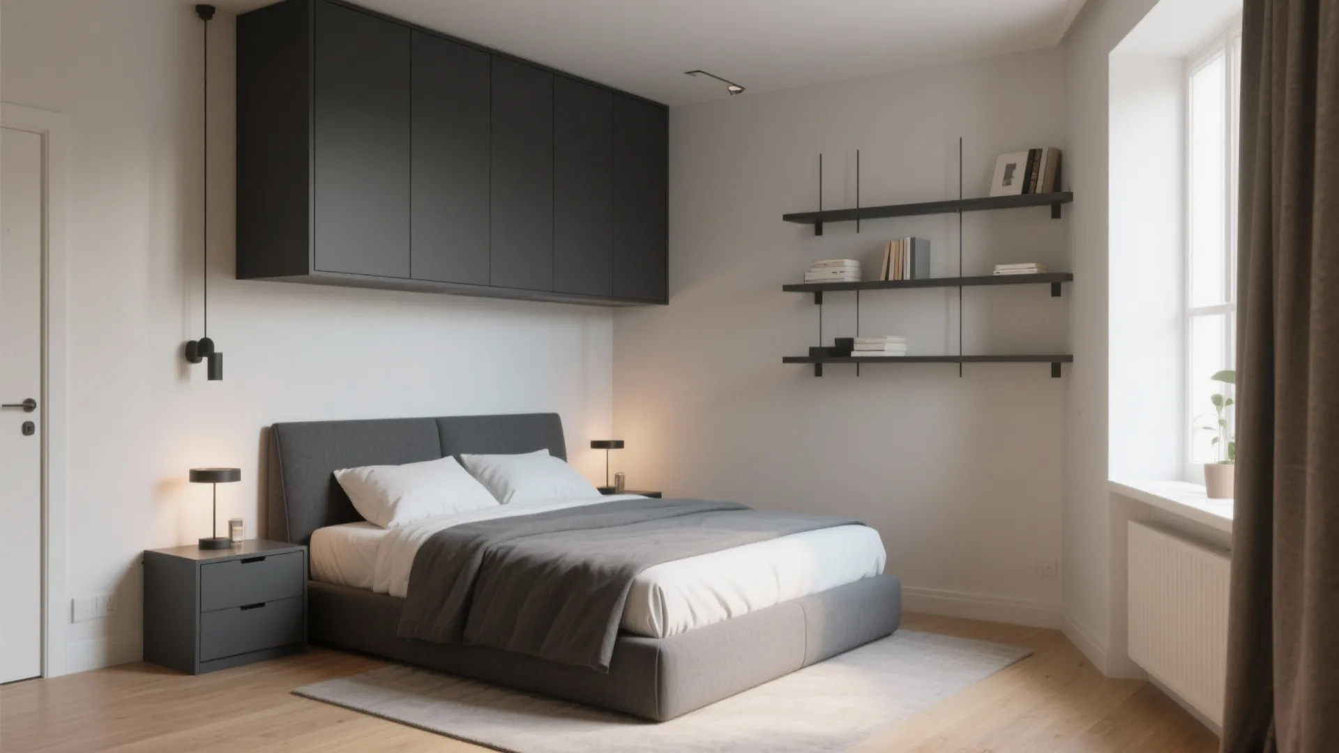 Compact bedroom with dark gray storage bed and floating nightstands maximizing space