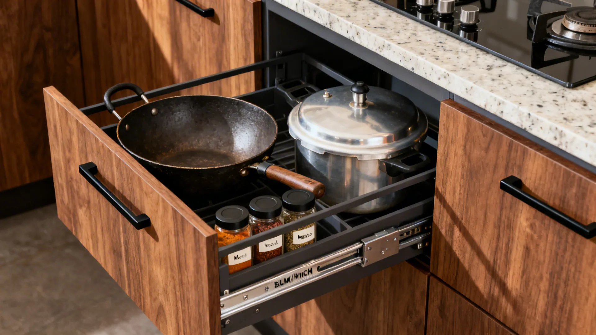 Close-up of deep modular drawers with kadai, pressure cooker, and a spice pull-out near the hob.