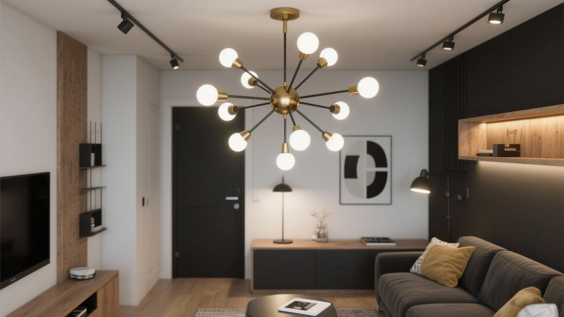 Compact living room with adjustable sputnik chandelier scaled to six arms for balanced sightlines.