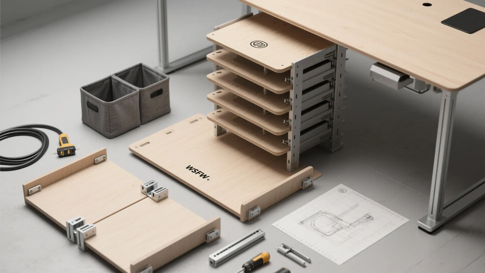 Top-down view of modular fold-and-stack desk components: panels, clip-on legs, connectors and cable channels.
