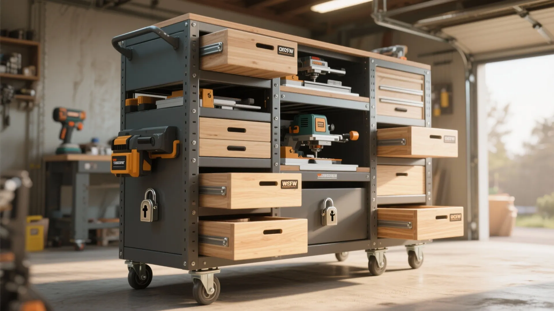 Modular stackable cart system with stacked tool modules on a lockable caster base in a garage workshop.