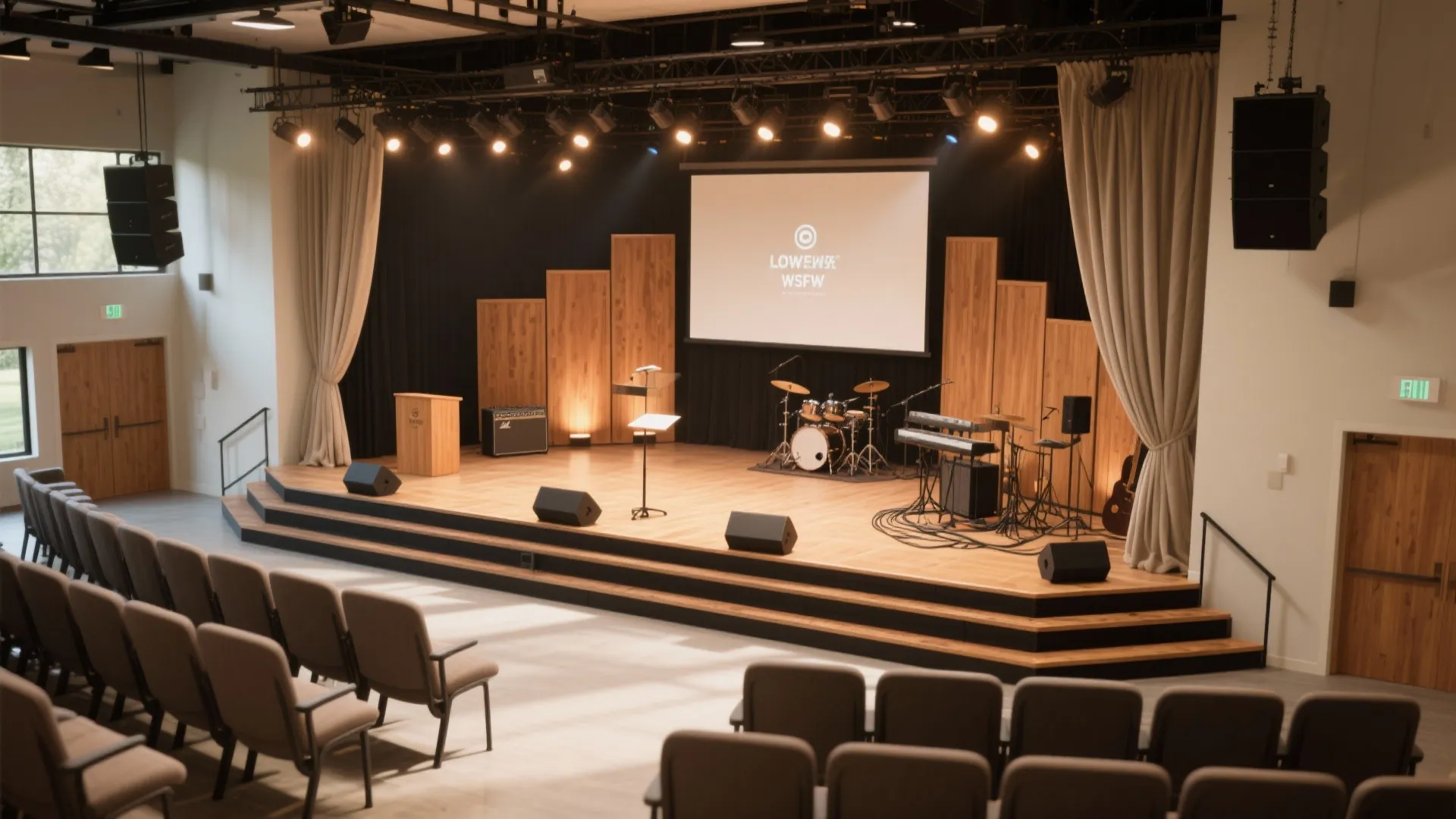 Modern wooden stage with projector screen drum set keyboard and rows of chairs for audience
