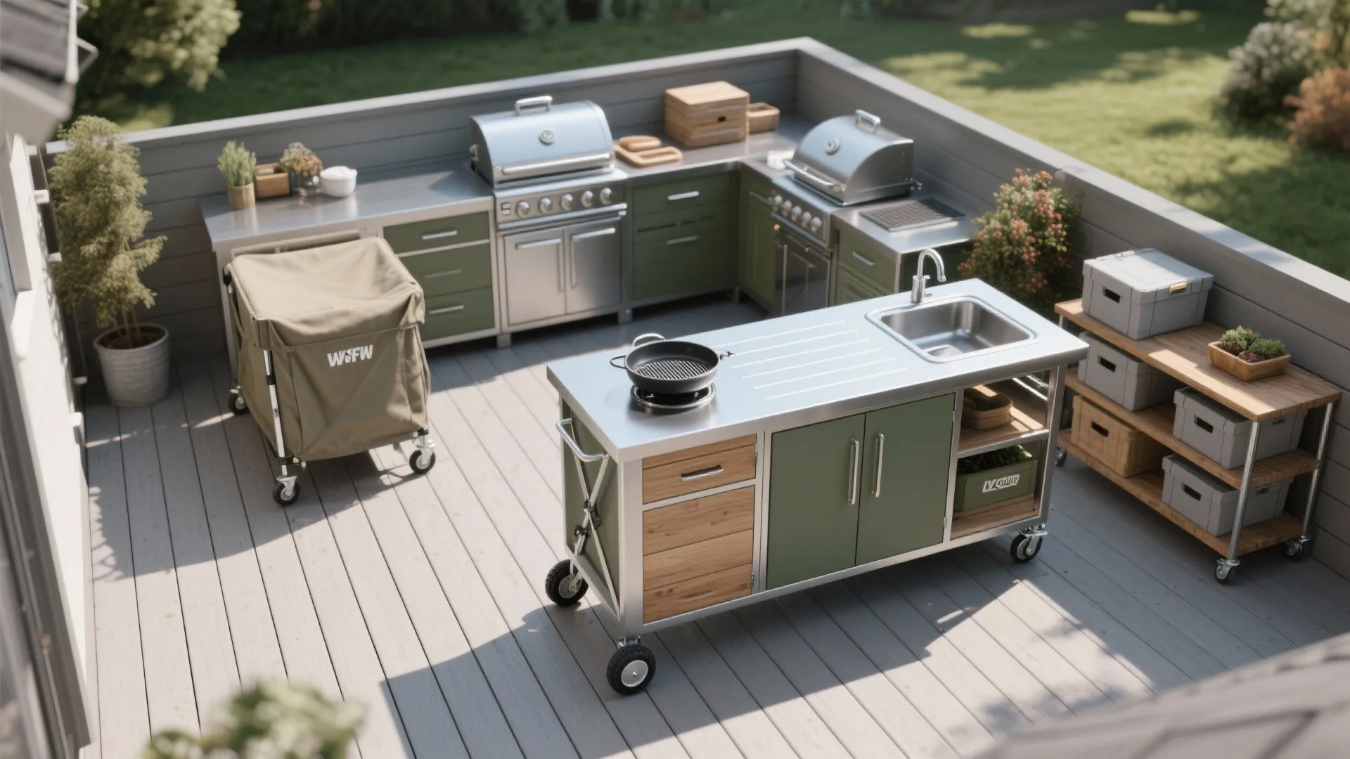 Outdoor kitchen design with green cabinets metal counters rolling prep island sink and two grills