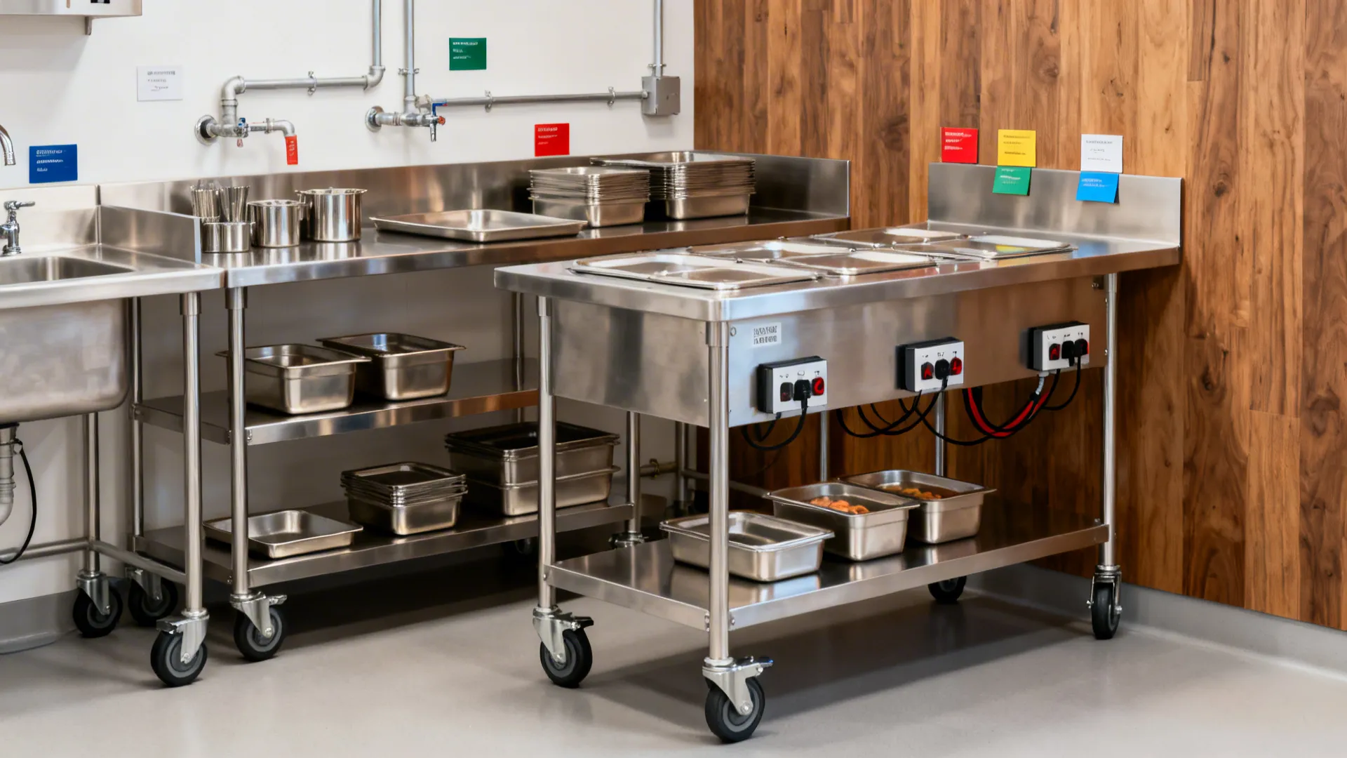 Stainless modular prep tables on casters with labeled shelves and quick-connect power in a compact kitchen.