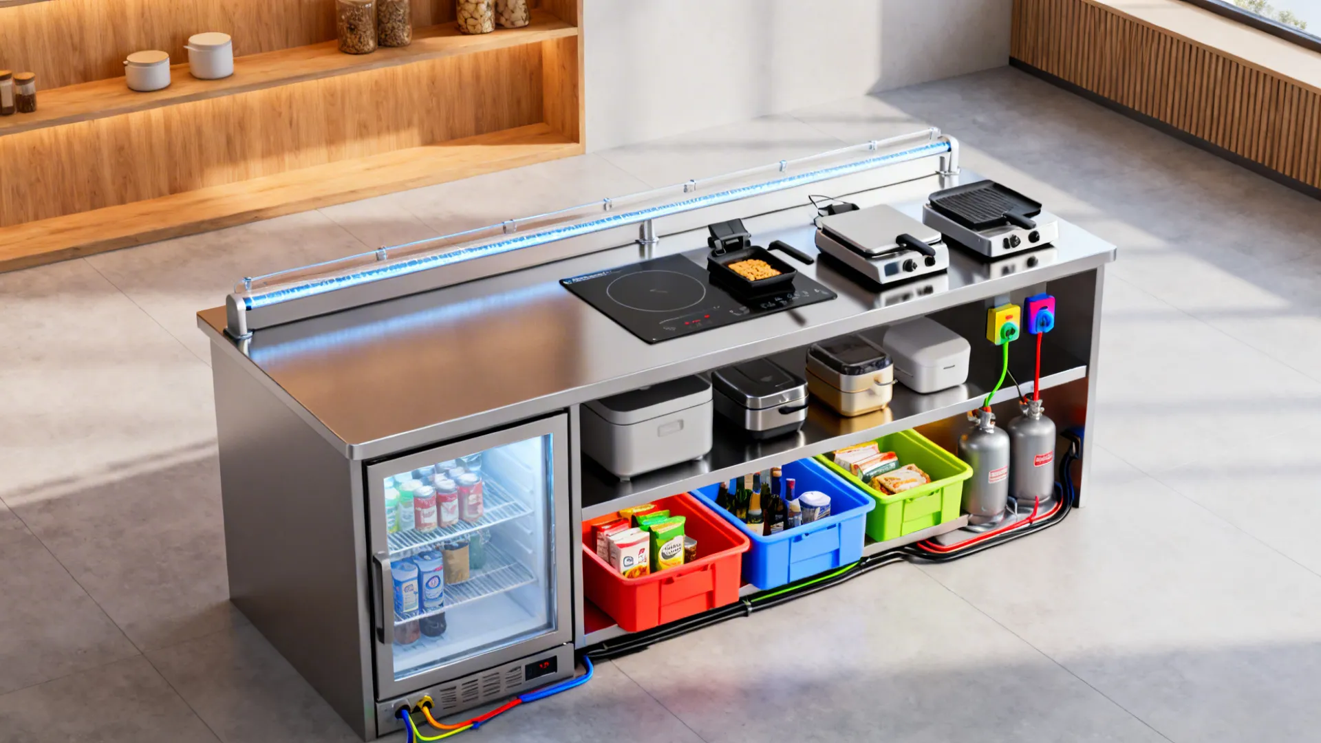 Modular stainless station with cold rail, undercounter freezer, and swappable small appliances with color-coded bins.