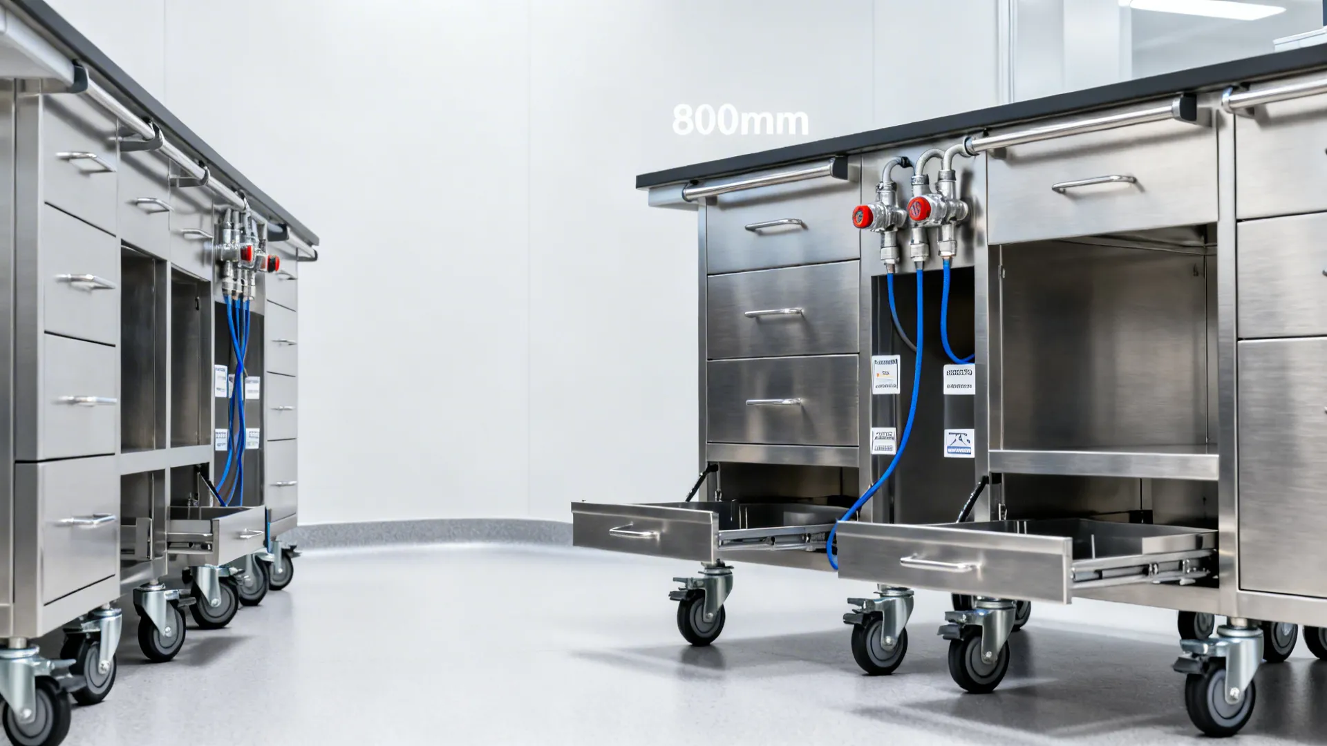 Before-and-after view showing modular 600 mm stations on casters with quick-disconnect utilities.