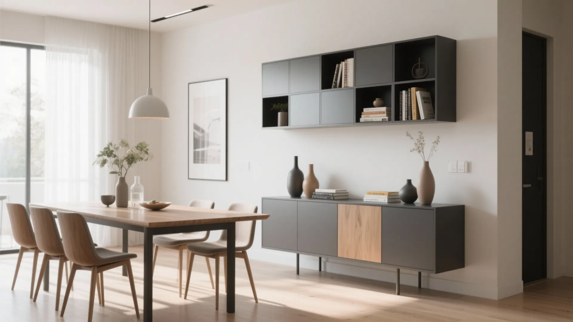 Dining area with wall-mounted cabinets and sideboard display