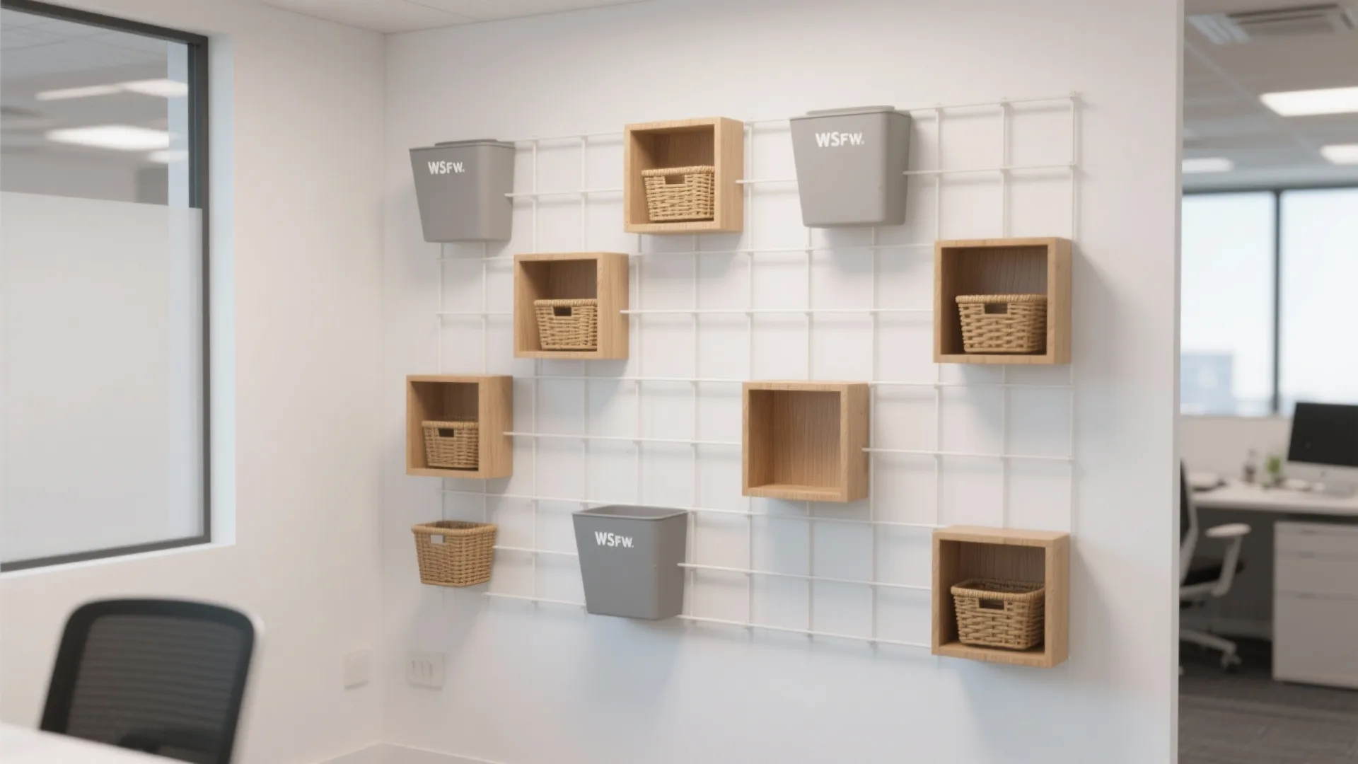 White wall grid with wooden boxes and grey bins used for organized office wall storage