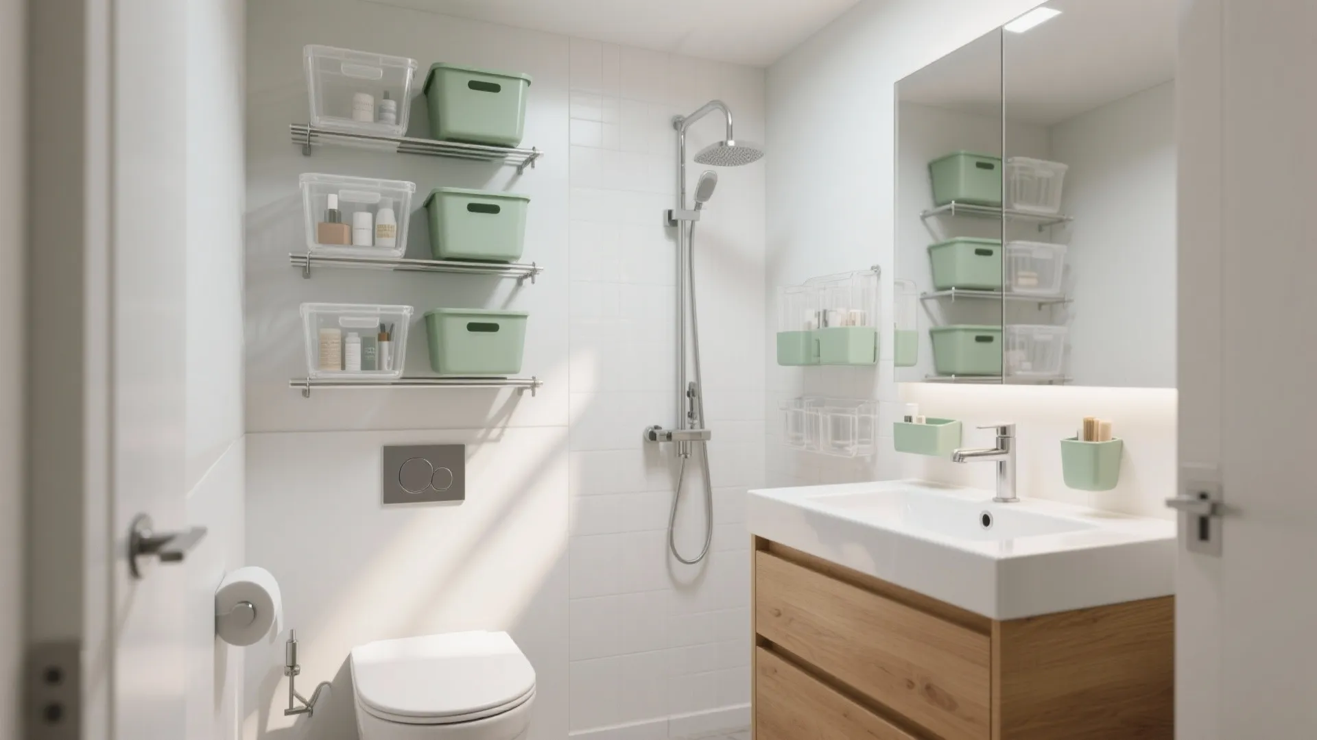 Small white bathroom featuring wall shelves with green bins wooden vanity and modern shower head