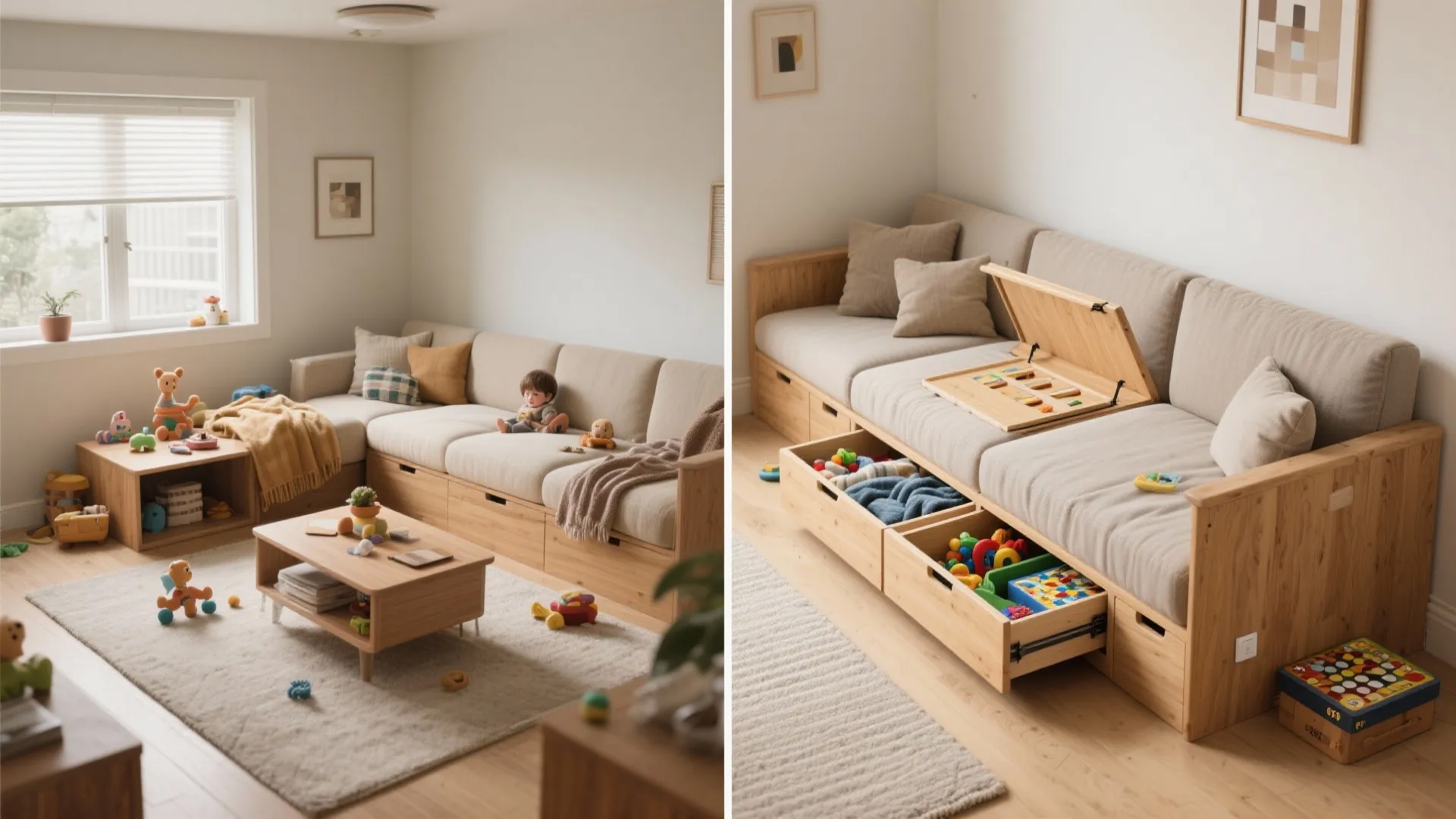 Modular wooden sofa with hidden storage