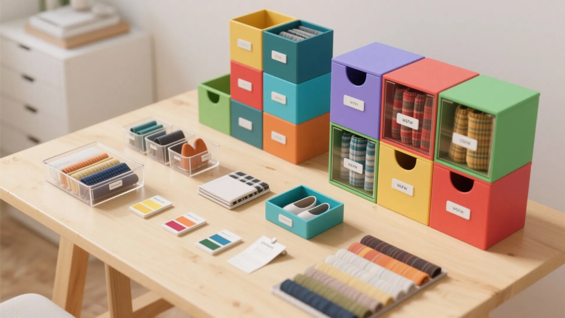 5. Modular furniture, color coding, and clear storage