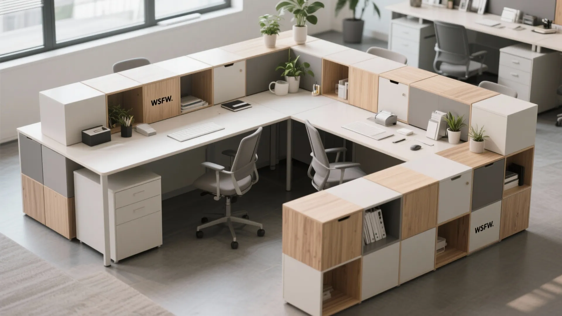 5. Modular desk + storage cubes
