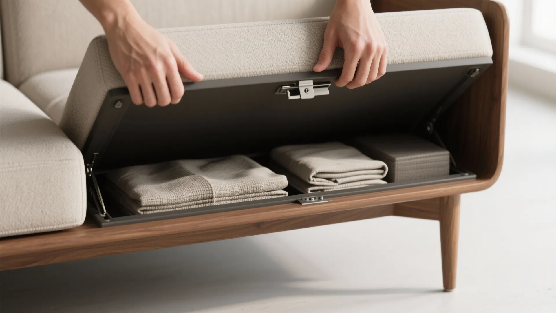 Hands lifting wooden sofa seat cushion to show hidden storage compartment with folded fabric blankets inside