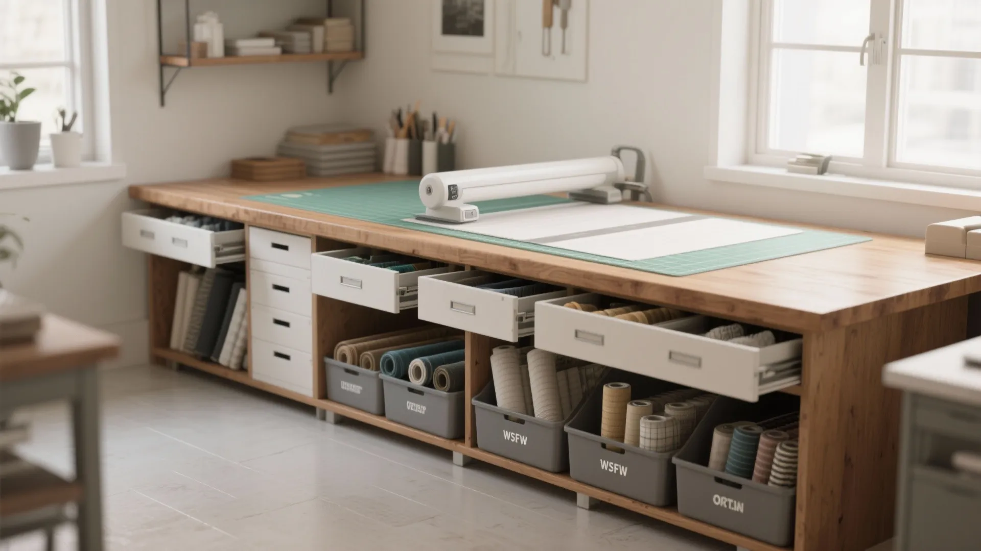 Long wooden craft table with open white drawers grey storage bins and fabric rolls under windows