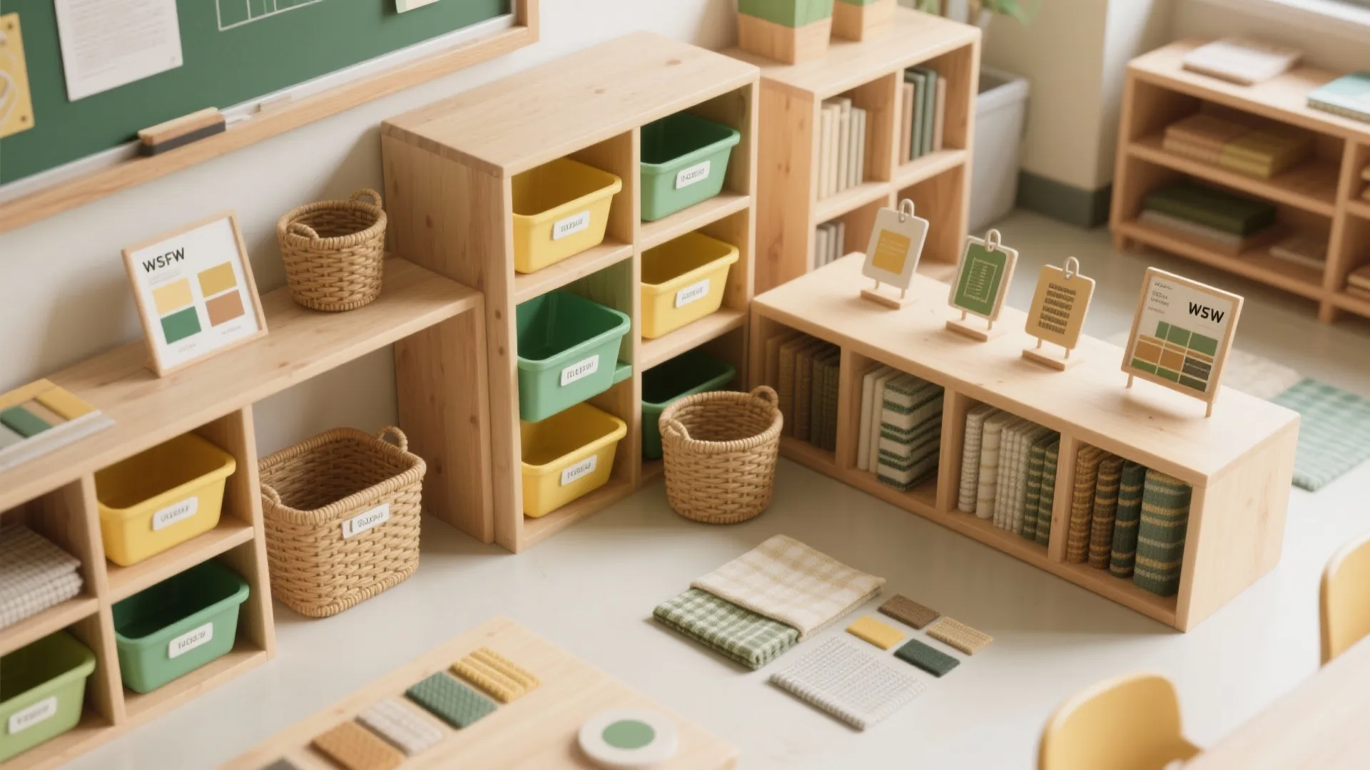 Wooden classroom storage unit with yellow and green plastic bins for organizing school teaching supplies