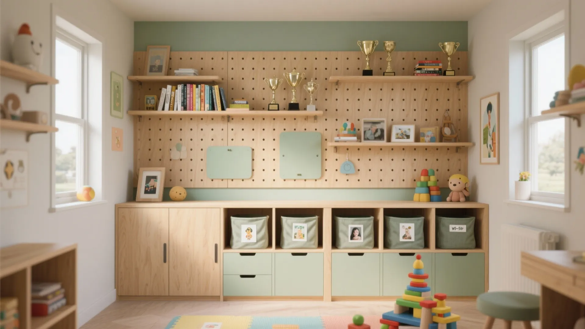 Kids playroom storage wall with wooden pegboard shelves green cabinets and light wood toy boxes design